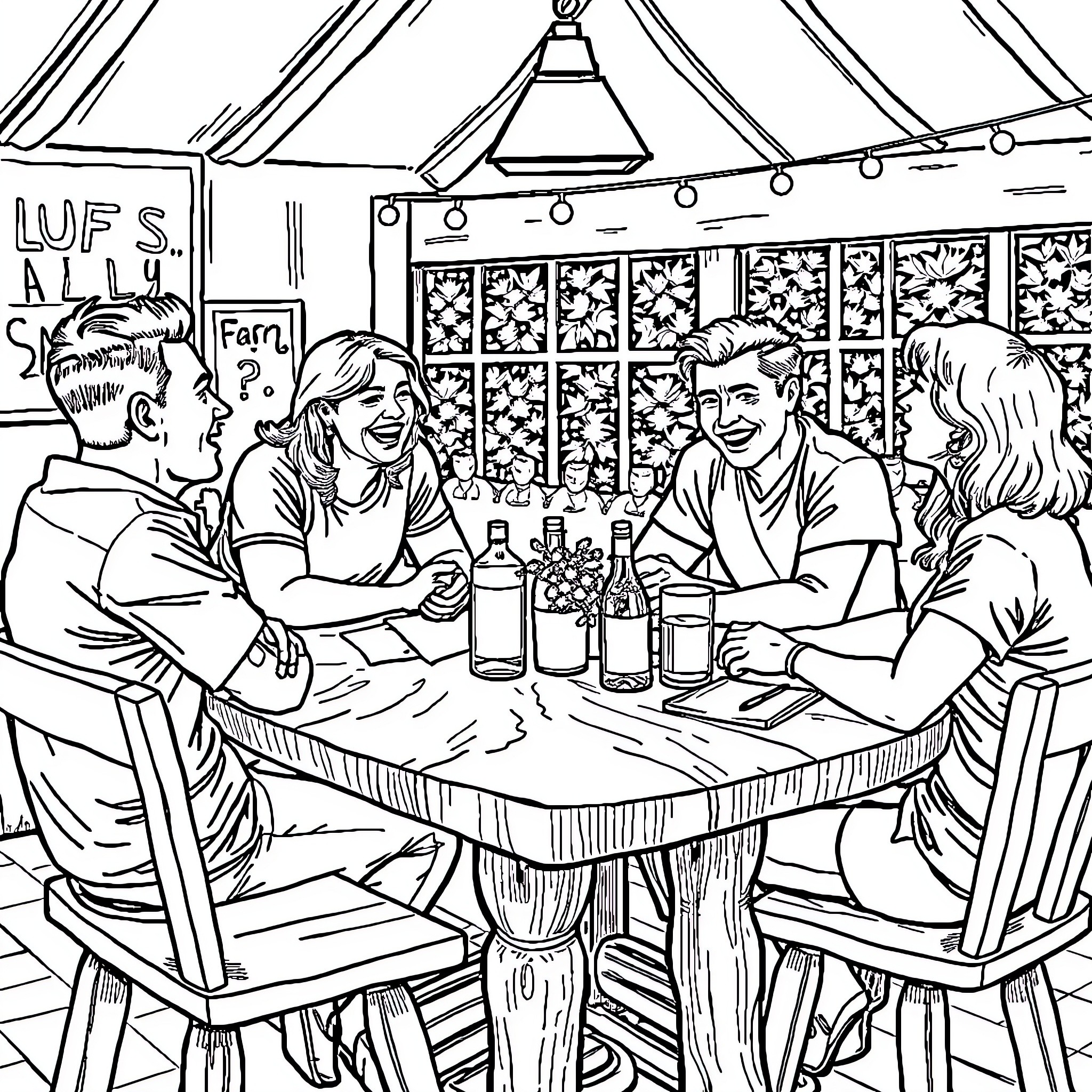 Person enjoying drinks with friends in a casual setting Coloring Page (free black-and-white line drawing printable PDF for all, from beginners to advanced learners, including children, teens, adults, and seniors)