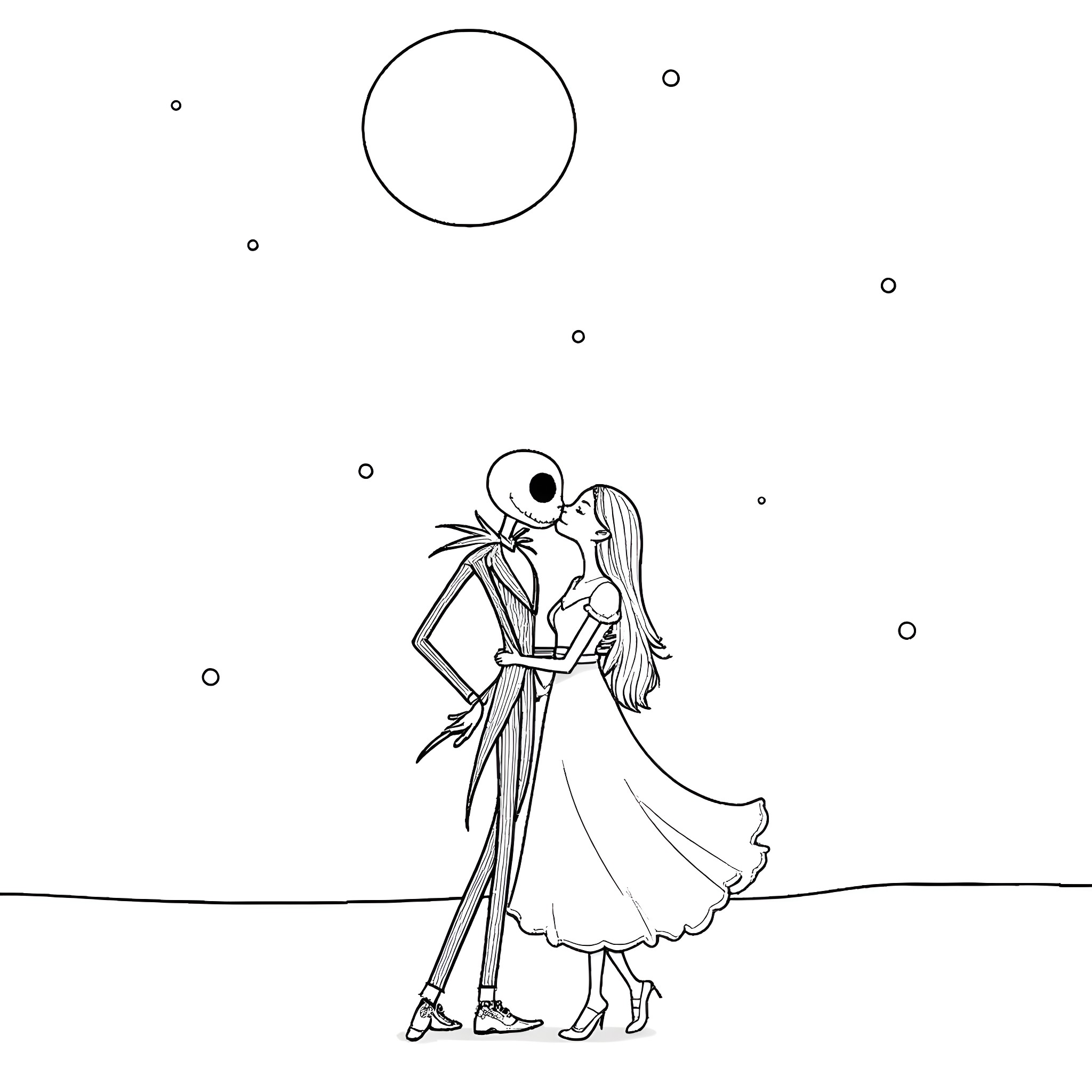Jack Skellington and Sally embracing under the moonlight Coloring Page (free black-and-white line drawing printable PDF for all, from beginners to advanced learners, including children, teens, adults, and seniors)