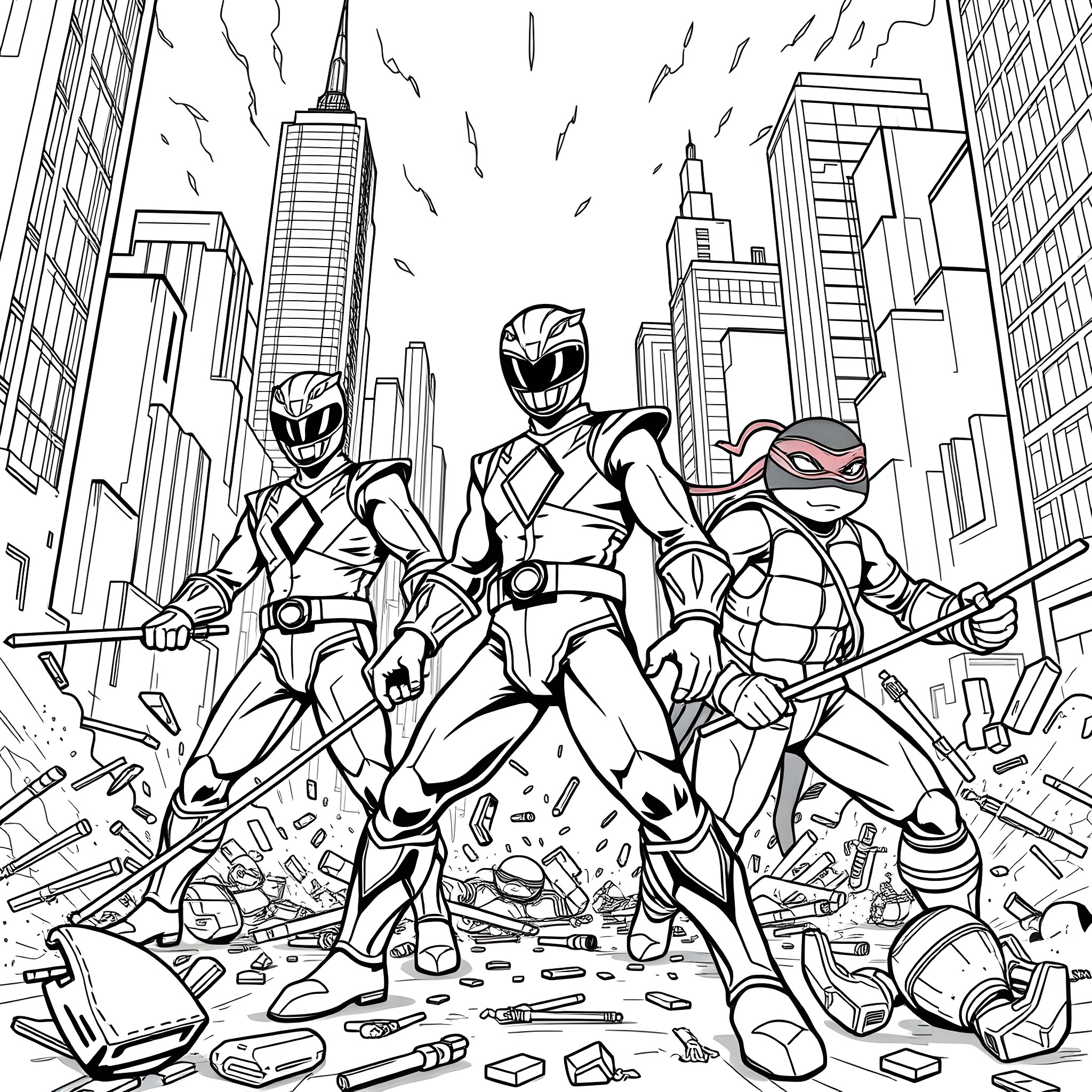Power Rangers Battling in the City Skyline Coloring Page (free black-and-white line drawing printable PDF for all, from beginners to advanced learners, including children, teens, adults, and seniors)