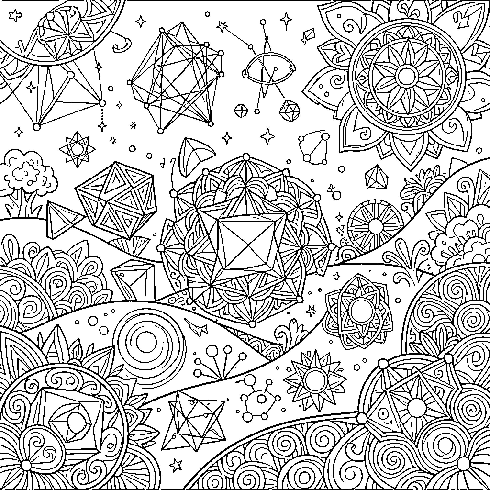 Mathematical Landscape with Geometric Patterns and Shapes Coloring Page (free black-and-white line drawing printable PDF for all, from beginners to advanced learners, including children, teens, adults, and seniors)