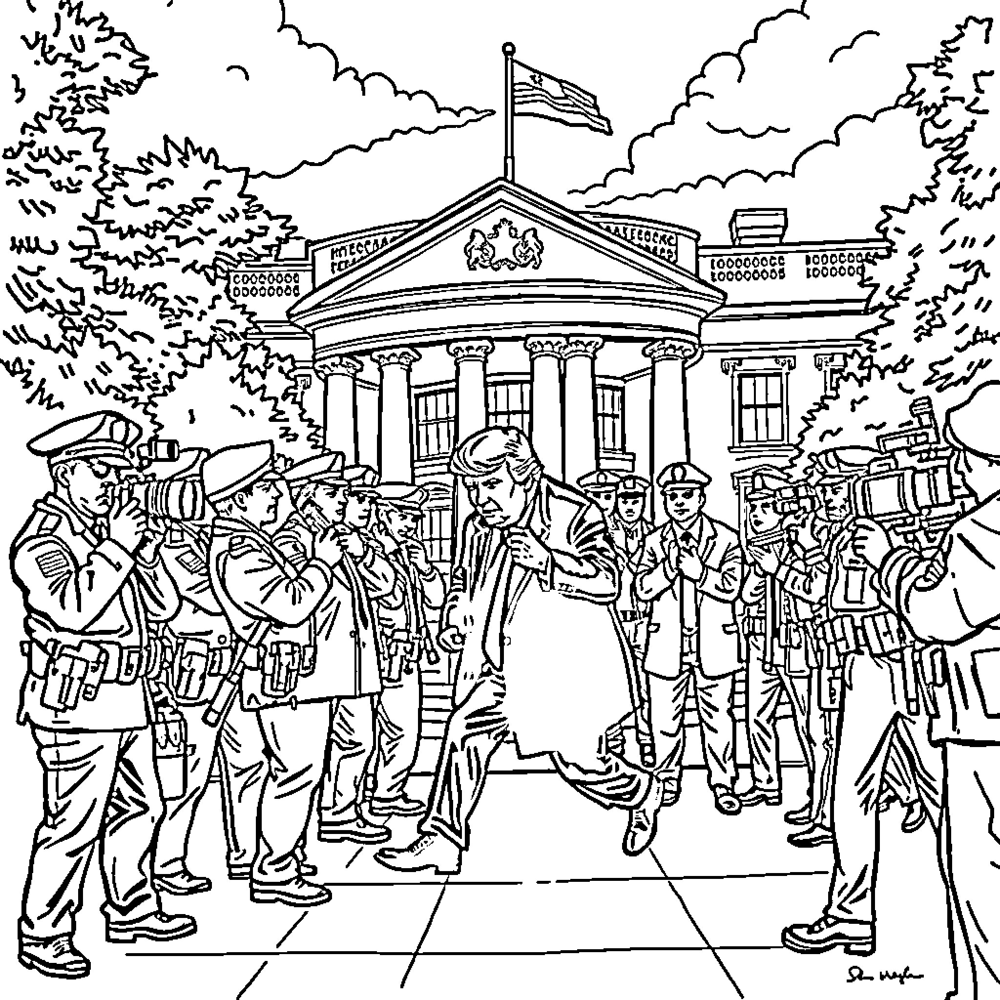 Trump's Military Parade Outside the White House Coloring Page (free black-and-white line drawing printable PDF for all, from beginners to advanced learners, including children, teens, adults, and seniors)