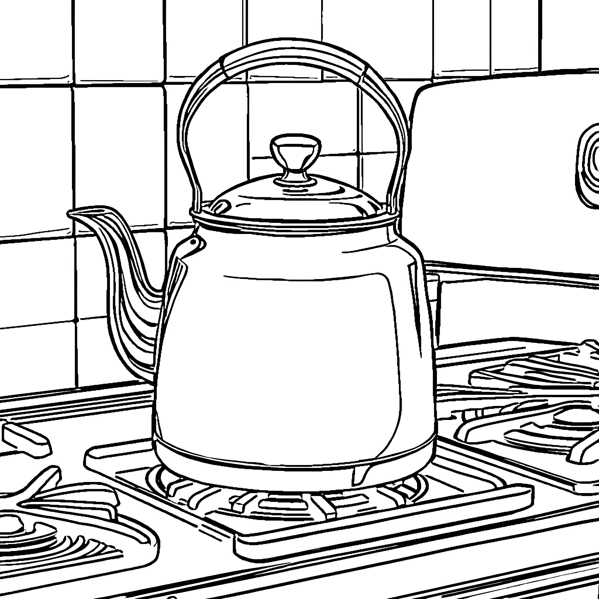 Kettle boiling on stove in kitchen Coloring Page (free black-and-white line drawing printable PDF for all, from beginners to advanced learners, including children, teens, adults, and seniors)