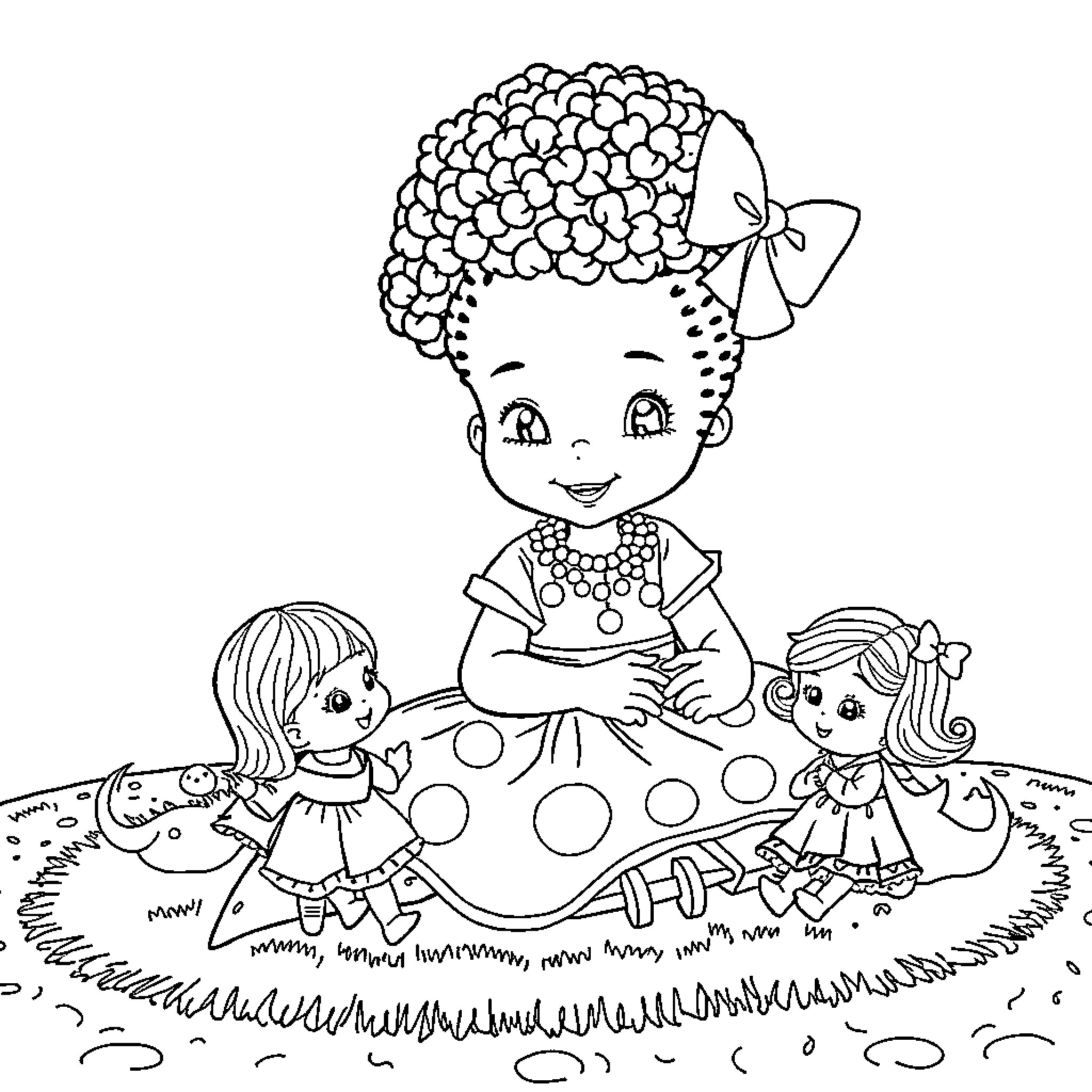 Labubu and her playful doll friends Coloring Page (free black-and-white line drawing printable PDF for all, from beginners to advanced learners, including children, teens, adults, and seniors)