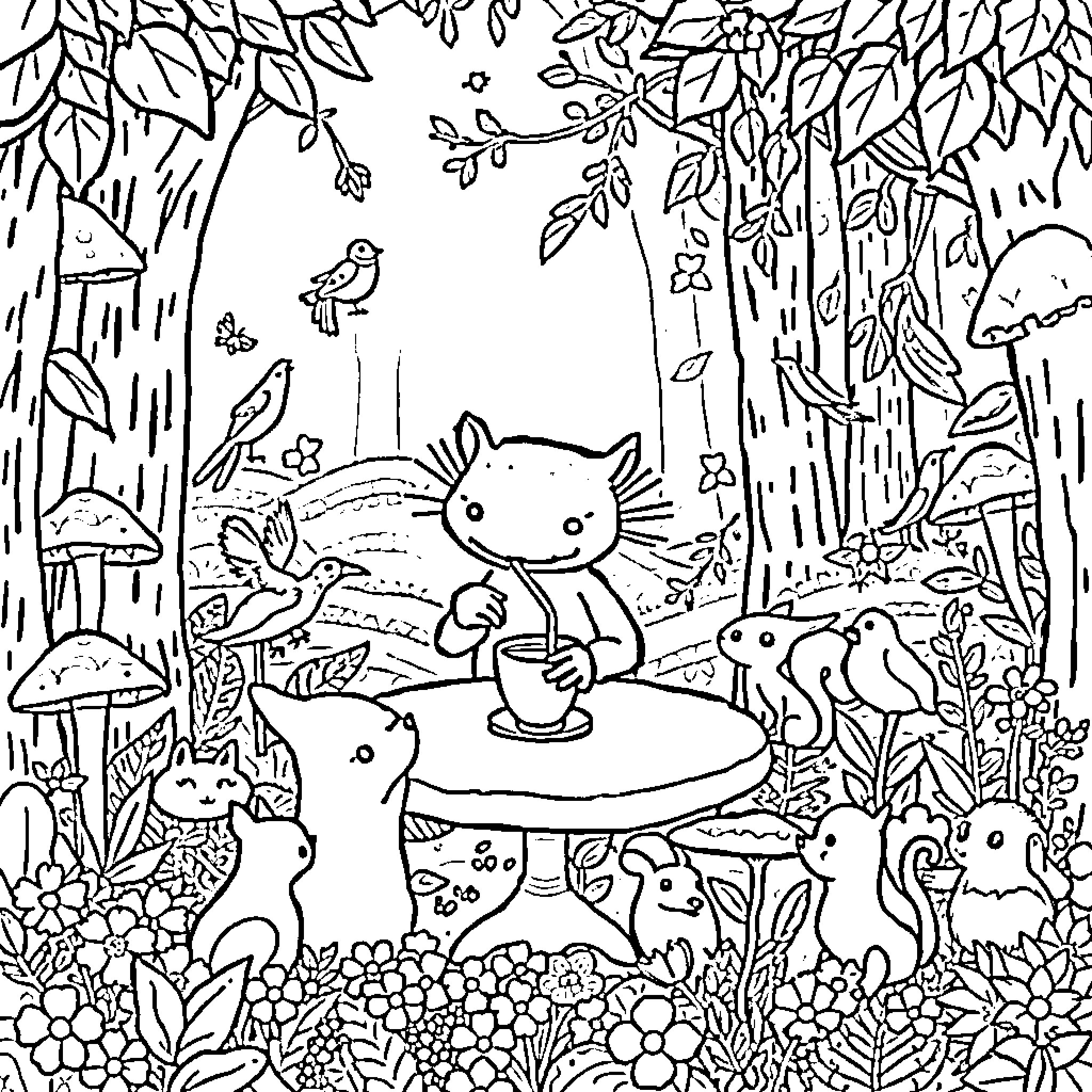 Axolotl enjoying a whimsical forest scene Coloring Page (free black-and-white line drawing printable PDF for all, from beginners to advanced learners, including children, teens, adults, and seniors)