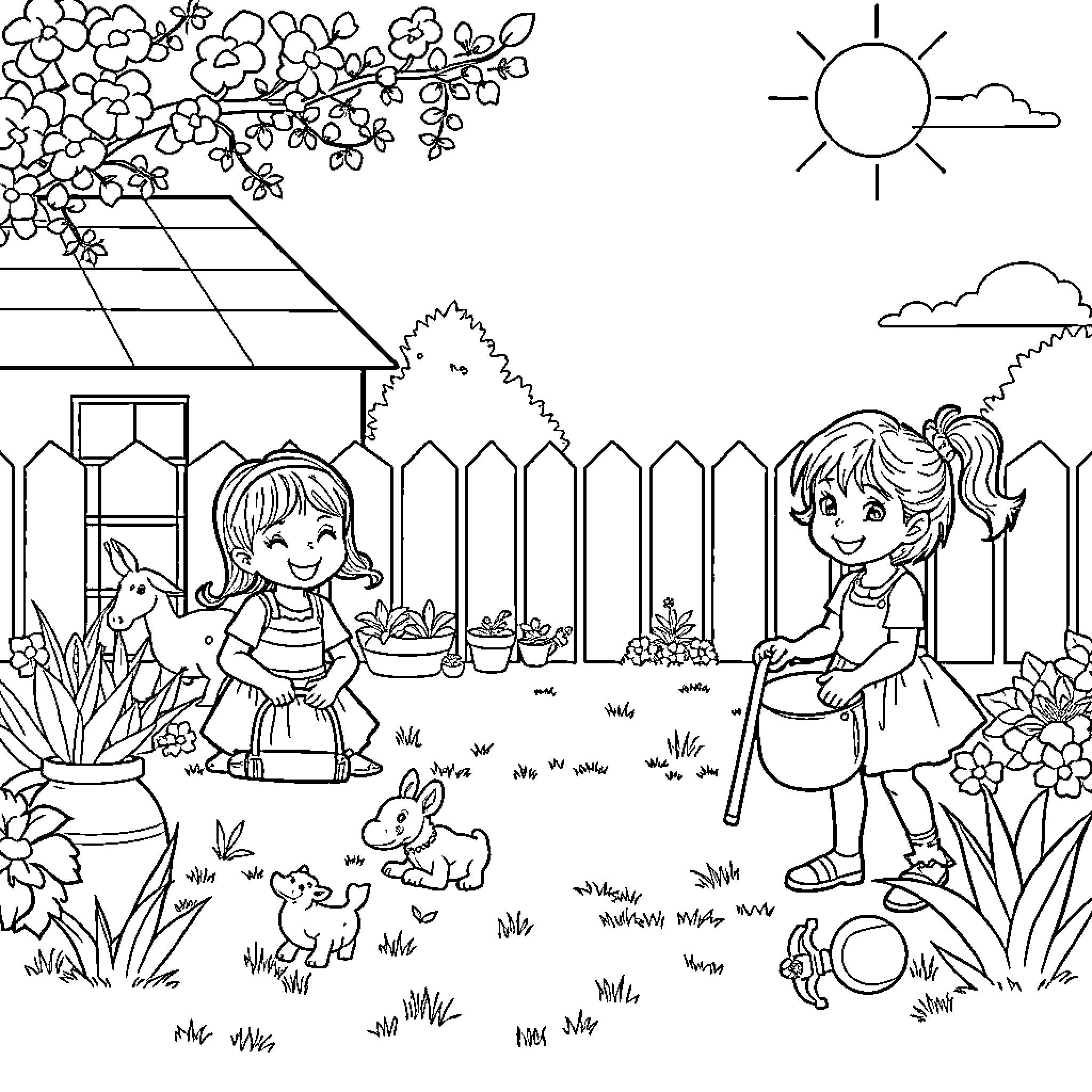 Girl playing with bunnies in a garden Coloring Page (free black-and-white line drawing printable PDF for all, from beginners to advanced learners, including children, teens, adults, and seniors)