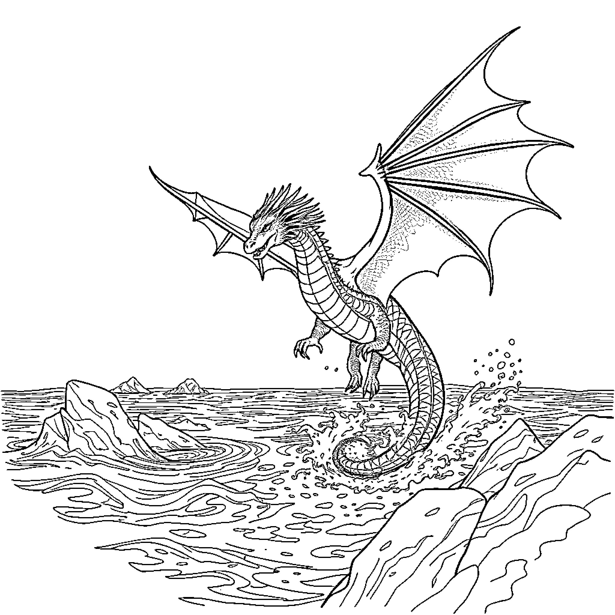 Dragon Soaring Majestically Over Rugged Landscape Coloring Page (free black-and-white line drawing printable PDF for all, from beginners to advanced learners, including children, teens, adults, and seniors)