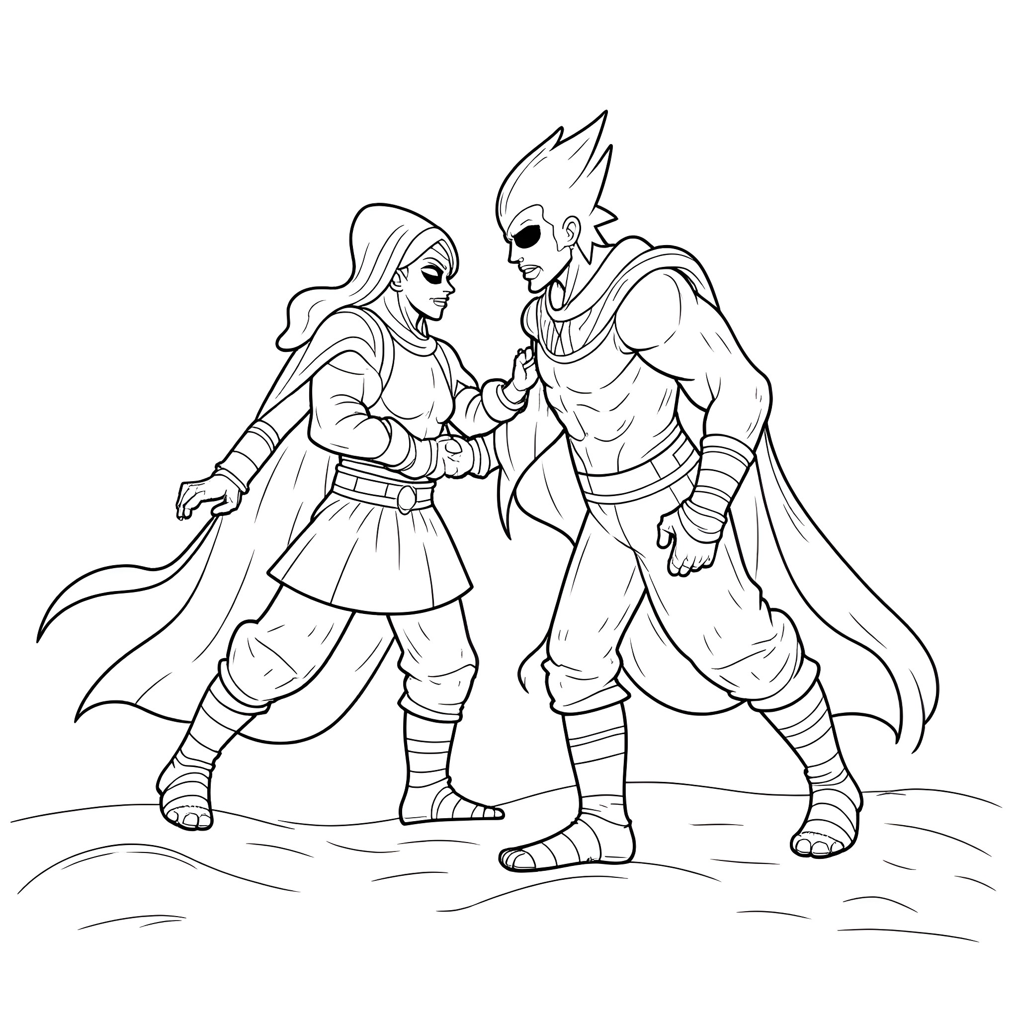Diluc and Kaeya in battle formation Coloring Page (free black-and-white line drawing printable PDF for all, from beginners to advanced learners, including children, teens, adults, and seniors)