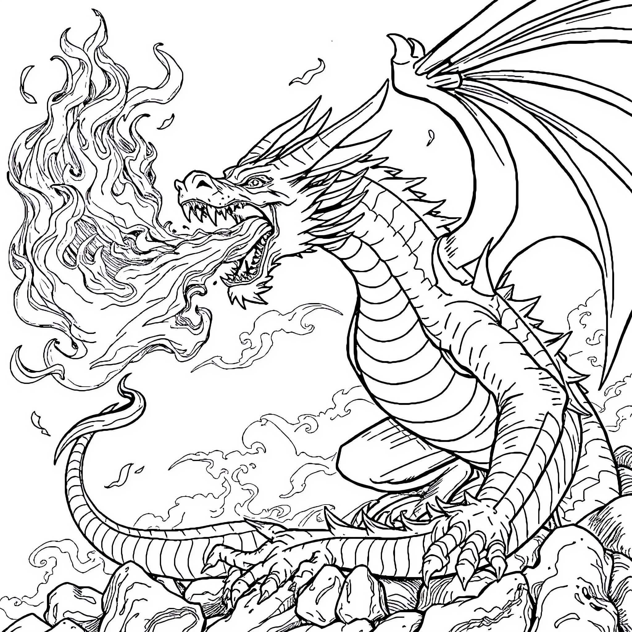 Dragon breathing fire in the air Coloring Page (free black-and-white line drawing printable PDF for all, from beginners to advanced learners, including children, teens, adults, and seniors)