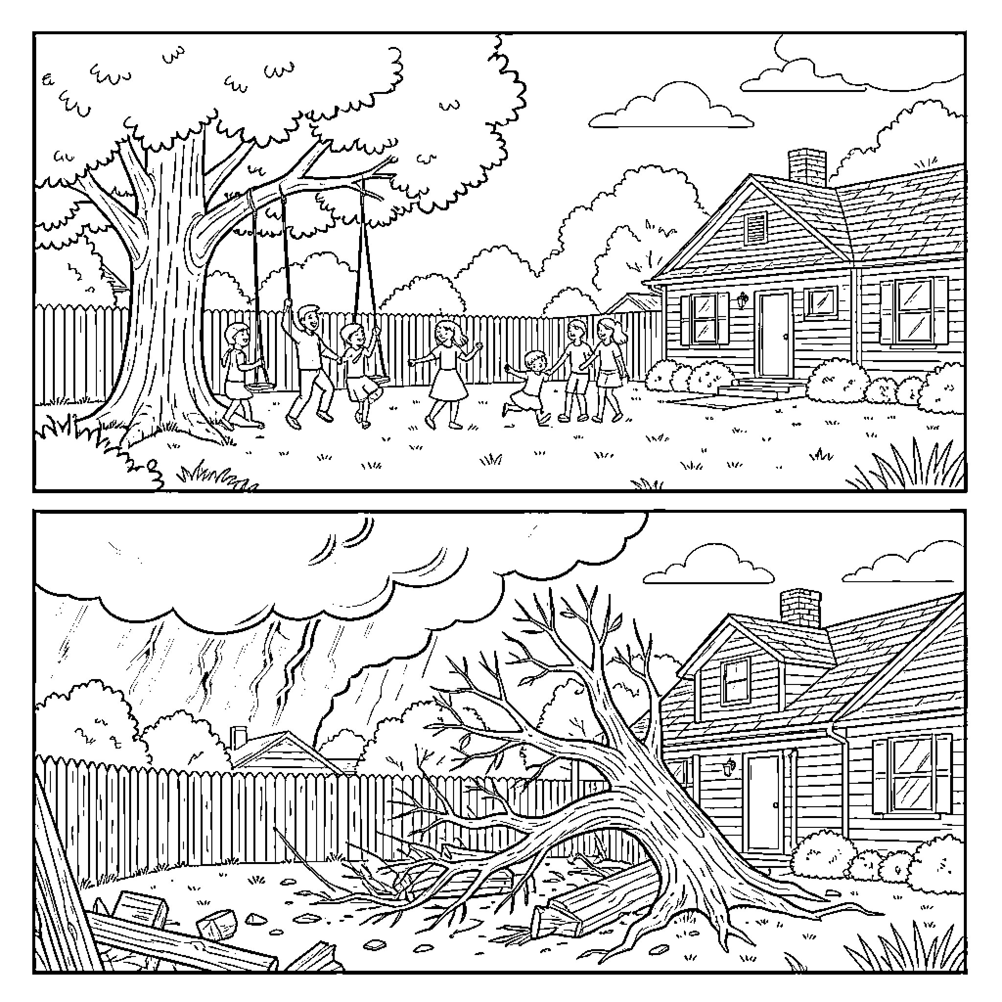 Disaster striking a peaceful backyard during a storm Coloring Page (free black-and-white line drawing printable PDF for all, from beginners to advanced learners, including children, teens, adults, and seniors)