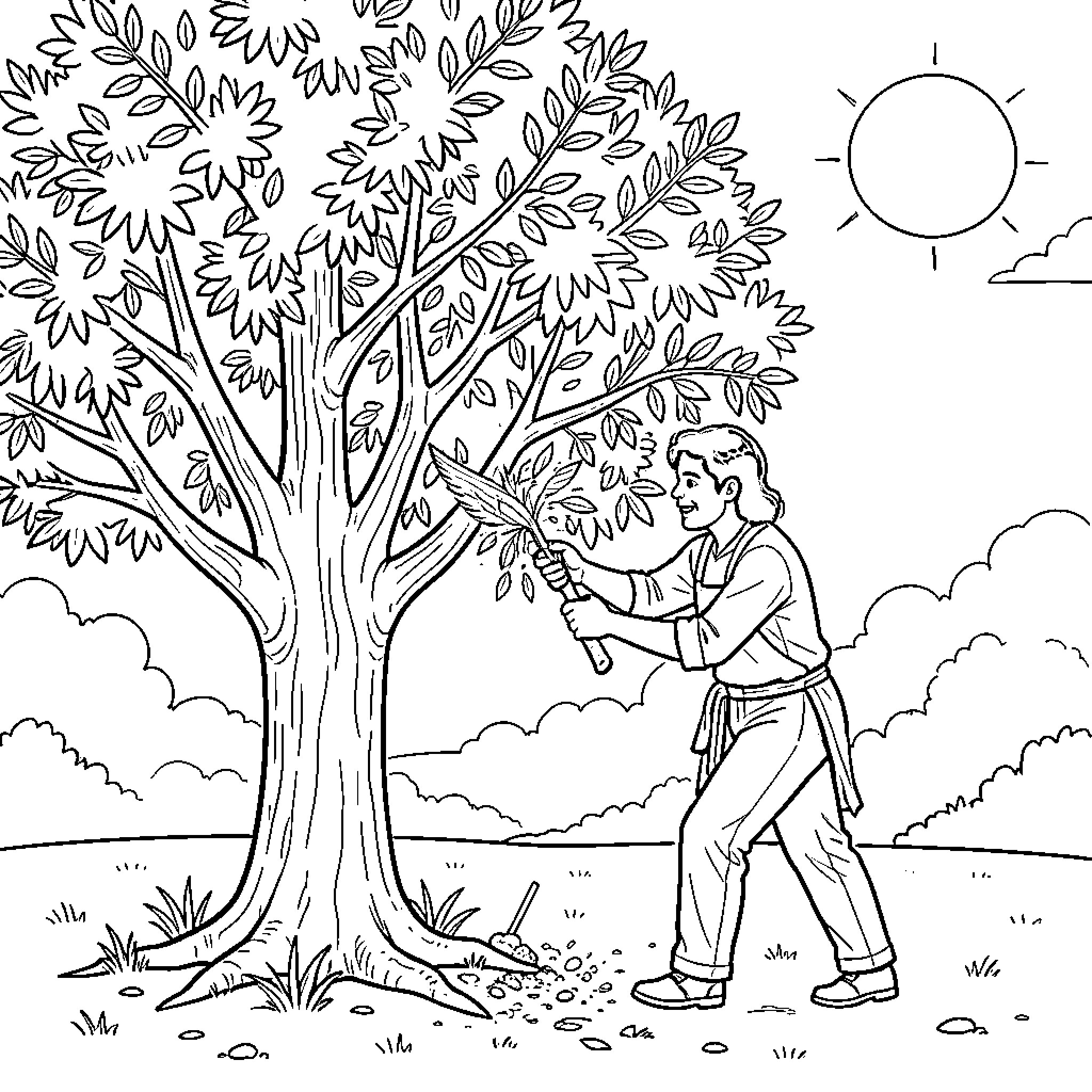 Abubilla Gathering Fruit from the Tree Coloring Page (free black-and-white line drawing printable PDF for all, from beginners to advanced learners, including children, teens, adults, and seniors)