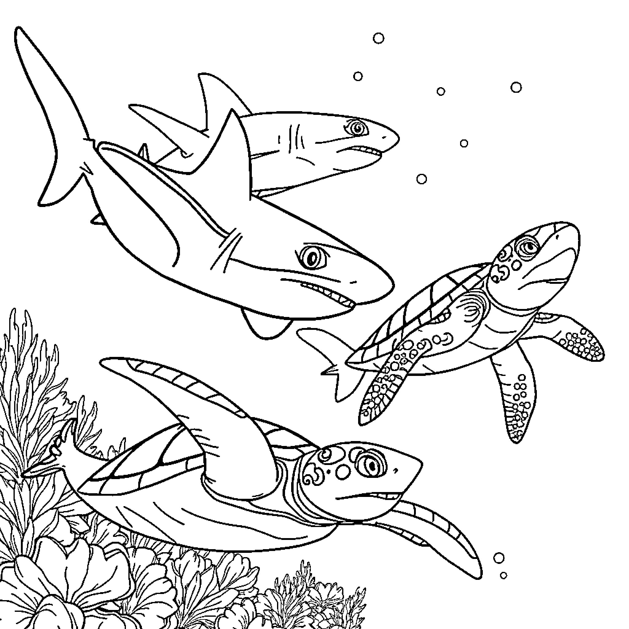 Shark and sea turtle swimming in the ocean Coloring Page (free black-and-white line drawing printable PDF for all, from beginners to advanced learners, including children, teens, adults, and seniors)