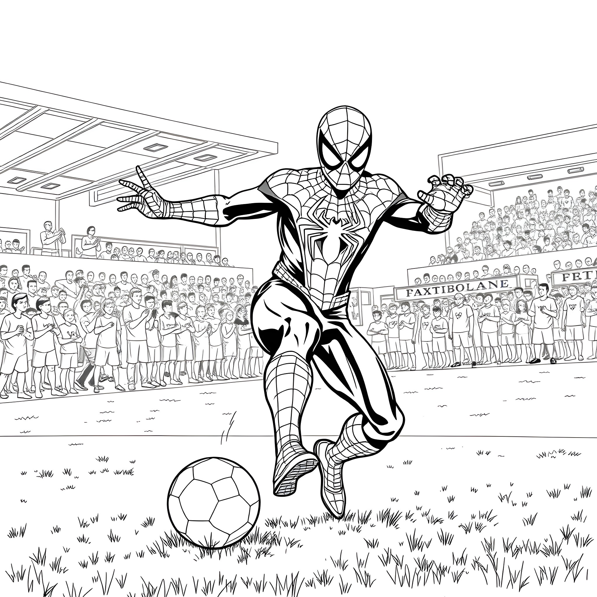 Spider-Man playing football with a crowd Coloring Page (free black-and-white line drawing printable PDF for all, from beginners to advanced learners, including children, teens, adults, and seniors)