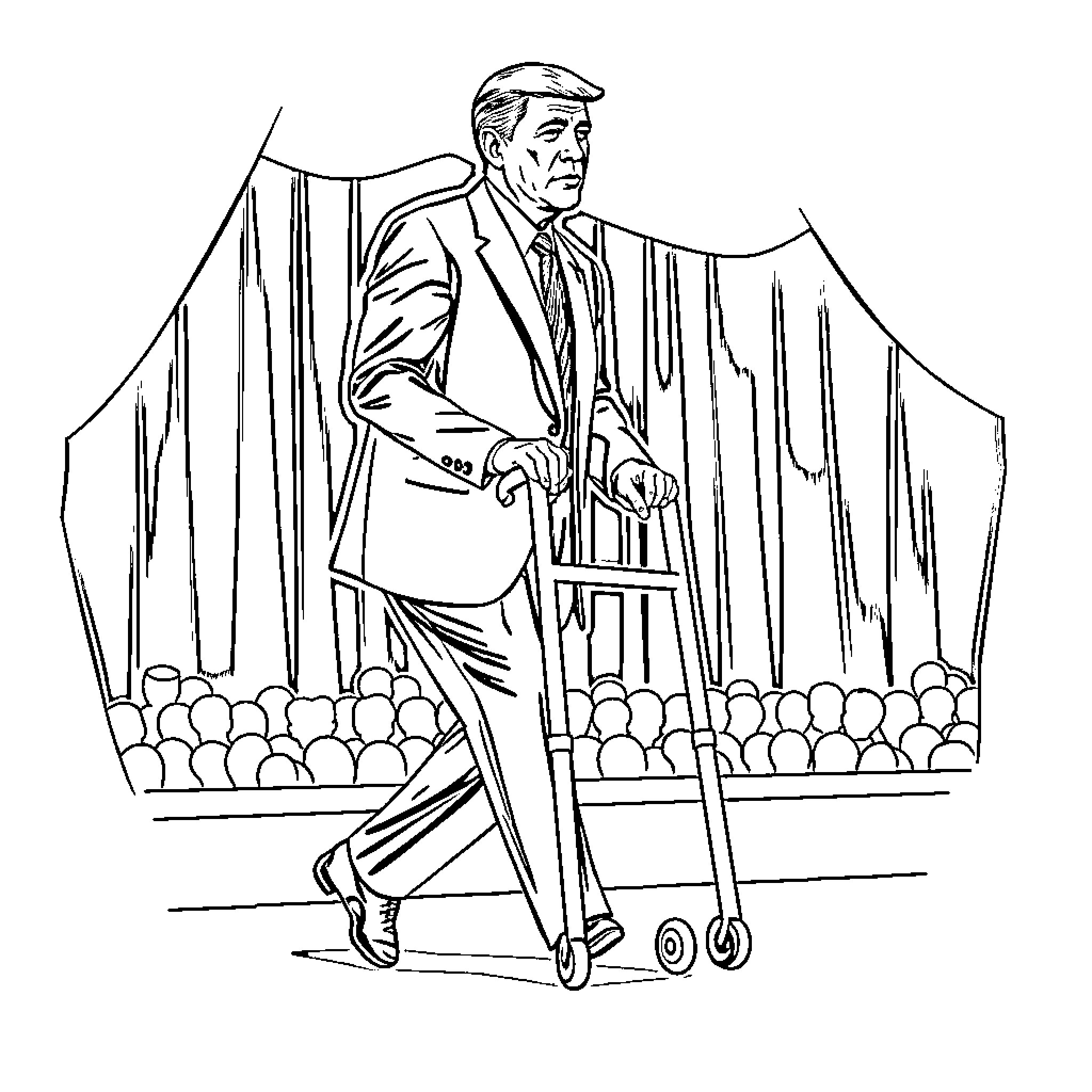POTUS speaking to audience in formal attire Coloring Page (free black-and-white line drawing printable PDF for all, from beginners to advanced learners, including children, teens, adults, and seniors)