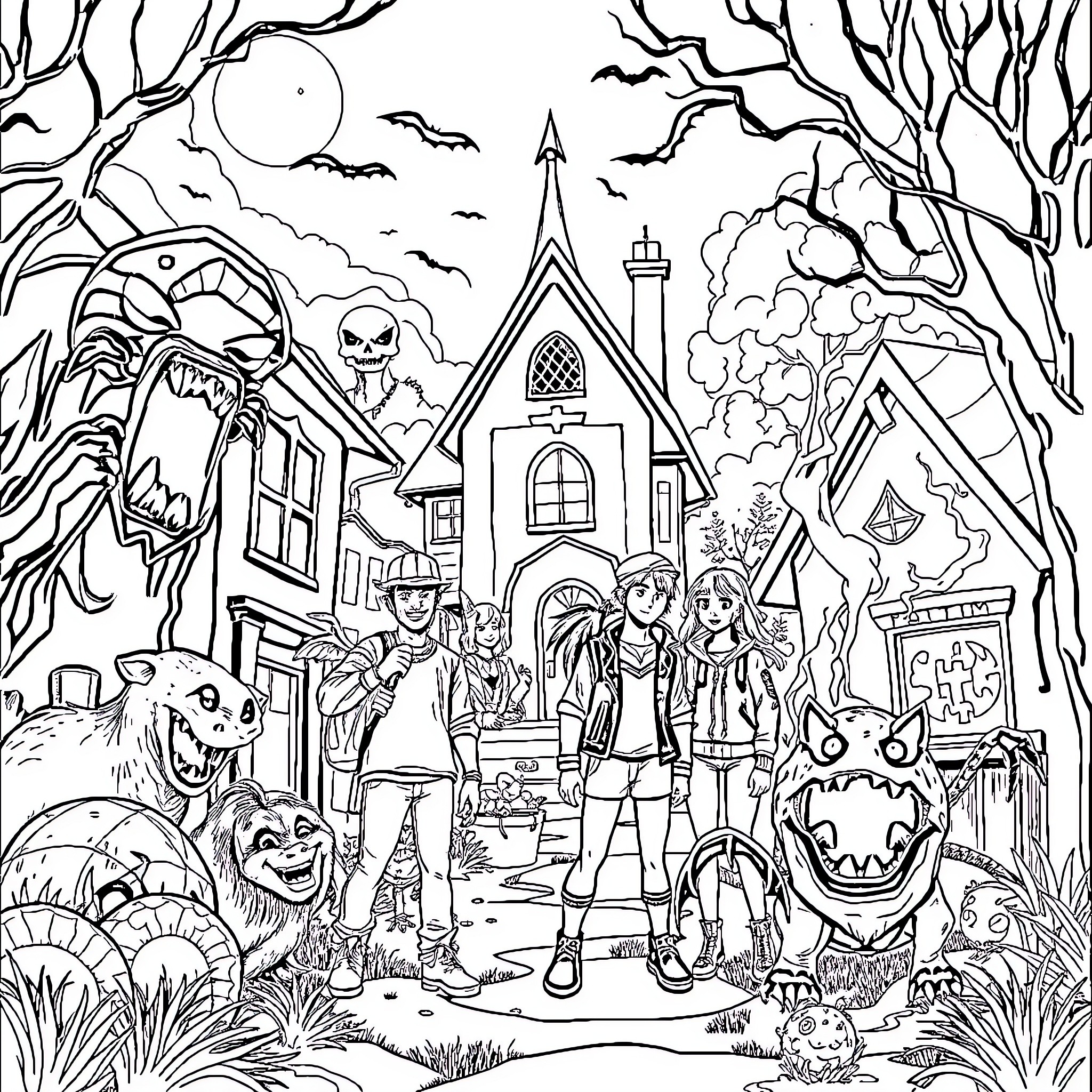Stranger Things: Spooky Encounters in a Haunted Town Coloring Page (free black-and-white line drawing printable PDF for all, from beginners to advanced learners, including children, teens, adults, and seniors)