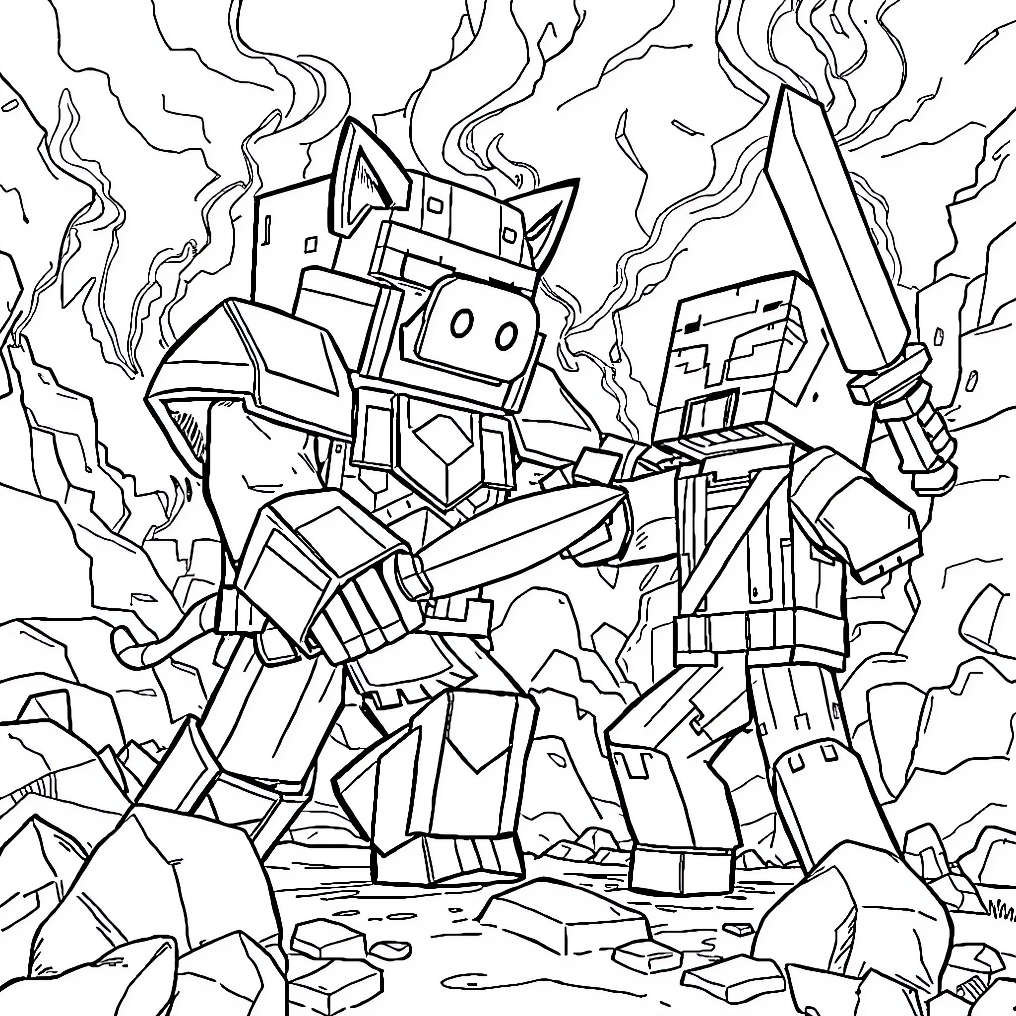 Pigman battles against towering enemies in chaotic scene Coloring Page (free black-and-white line drawing printable PDF for all, from beginners to advanced learners, including children, teens, adults, and seniors)