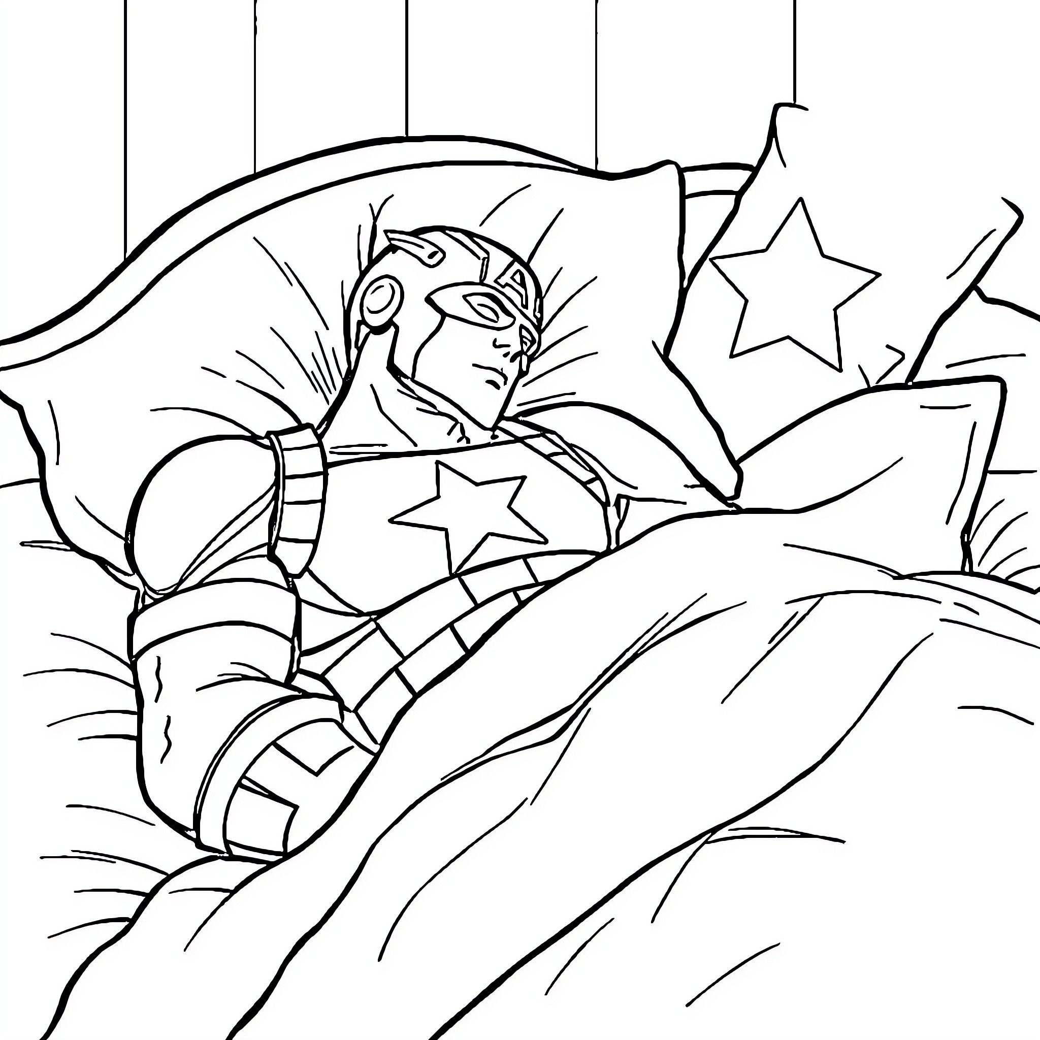 Captain America resting among the stars Coloring Page (free black-and-white line drawing printable PDF for all, from beginners to advanced learners, including children, teens, adults, and seniors)