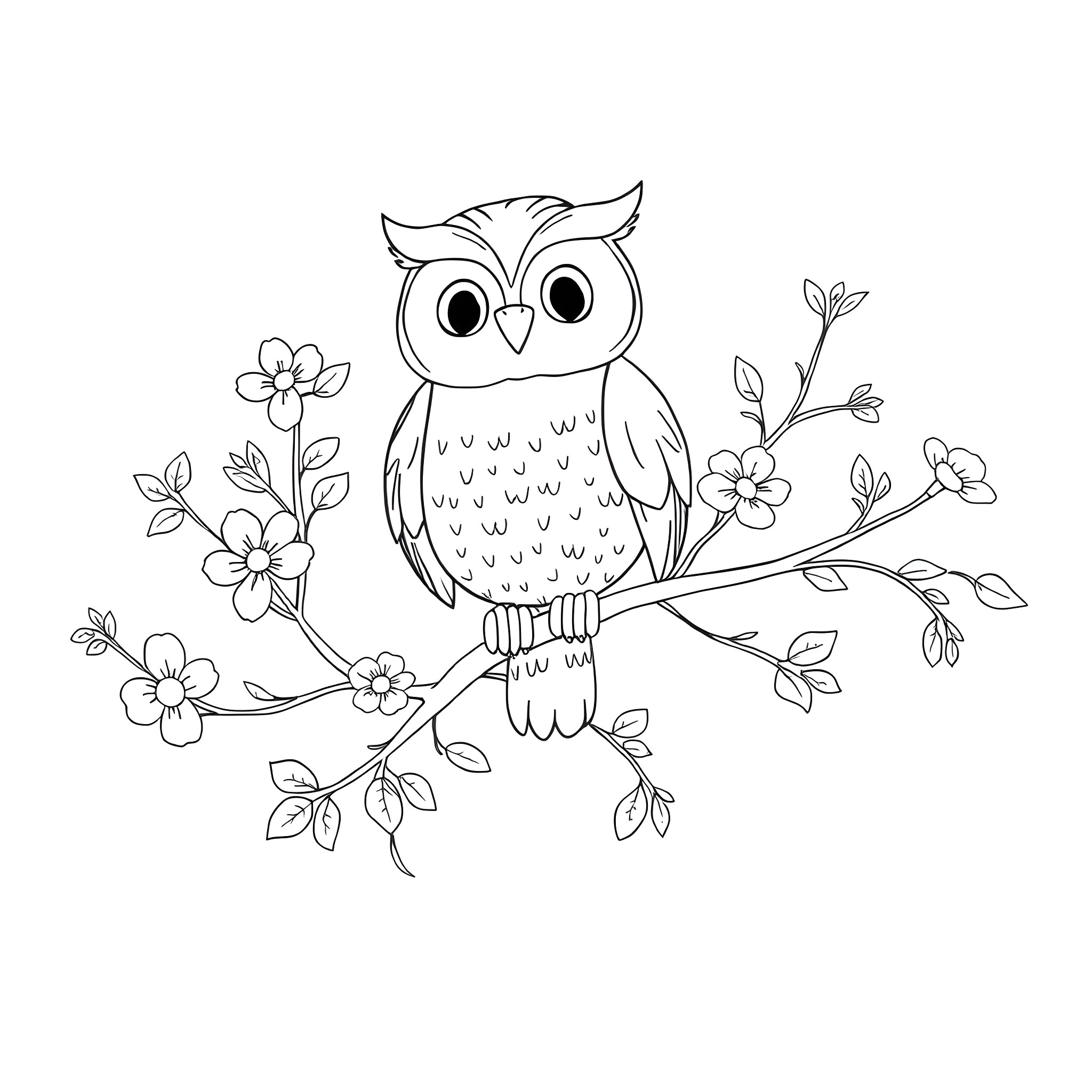 Owl perched on a flowering branch Coloring Page (free black-and-white line drawing printable PDF for all, from beginners to advanced learners, including children, teens, adults, and seniors)