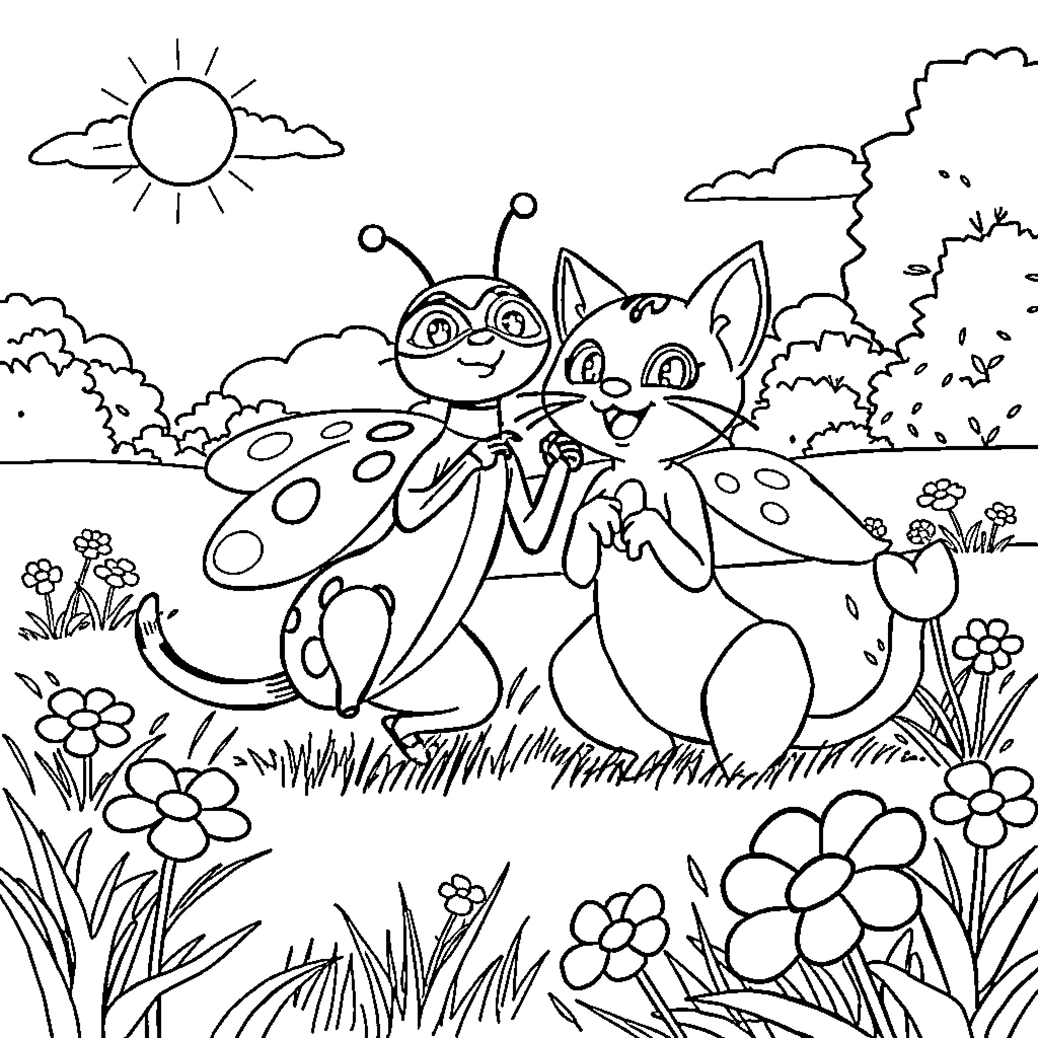 Lady Bug playing cheerfully in a garden Coloring Page (free black-and-white line drawing printable PDF for all, from beginners to advanced learners, including children, teens, adults, and seniors)