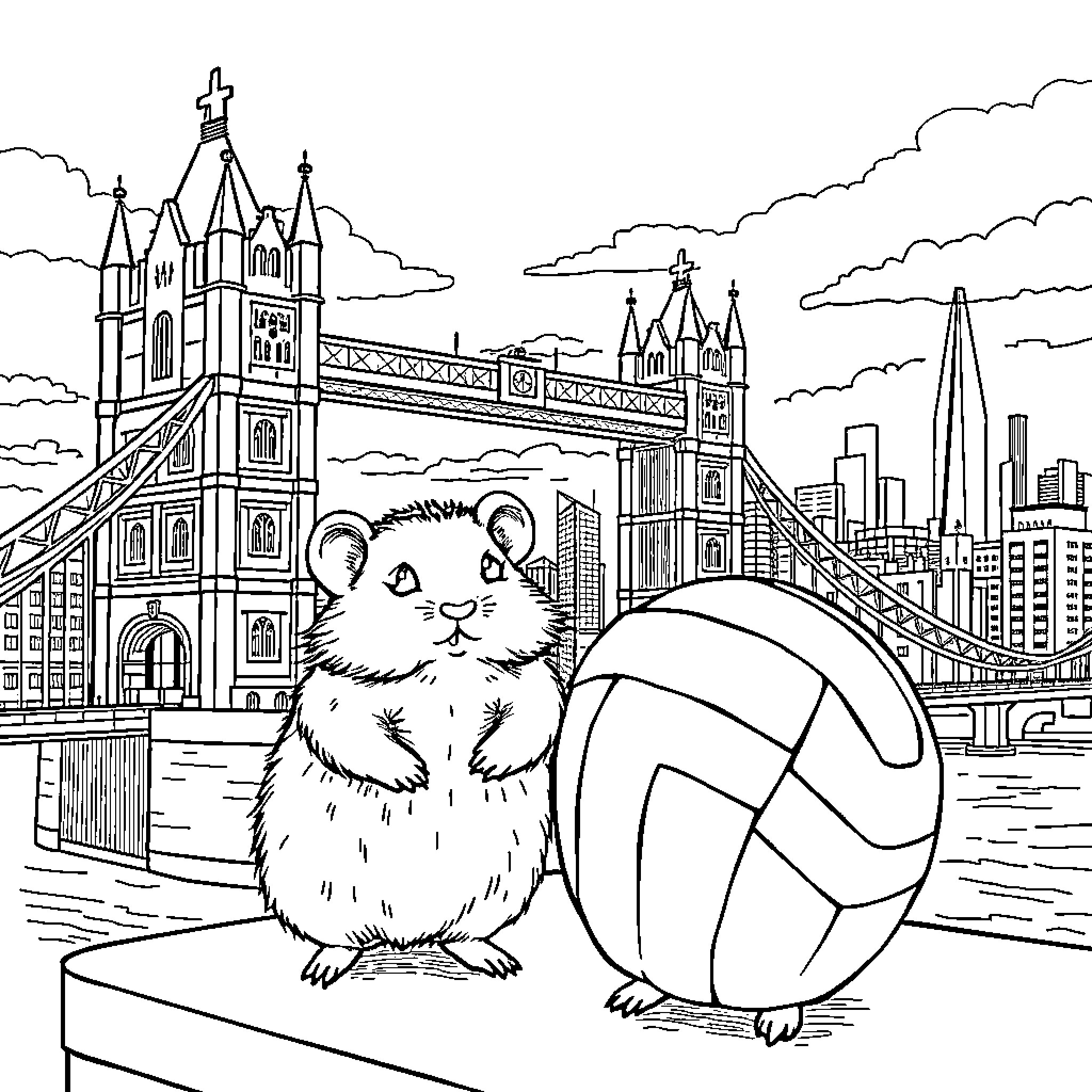 Hamster playing with volleyball in front of city skyline Coloring Page (free black-and-white line drawing printable PDF for all, from beginners to advanced learners, including children, teens, adults, and seniors)