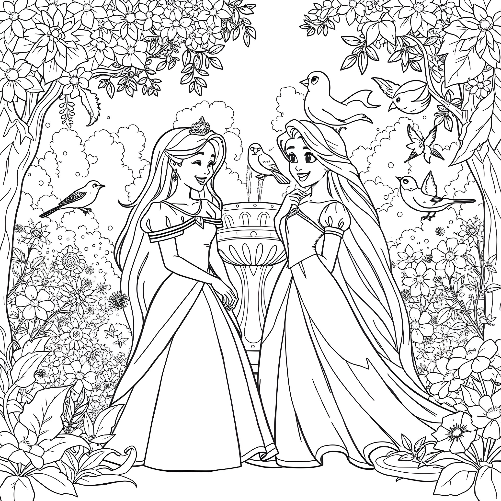 Princess sisters sharing a magical moment with birds Coloring Page (free black-and-white line drawing printable PDF for all, from beginners to advanced learners, including children, teens, adults, and seniors)