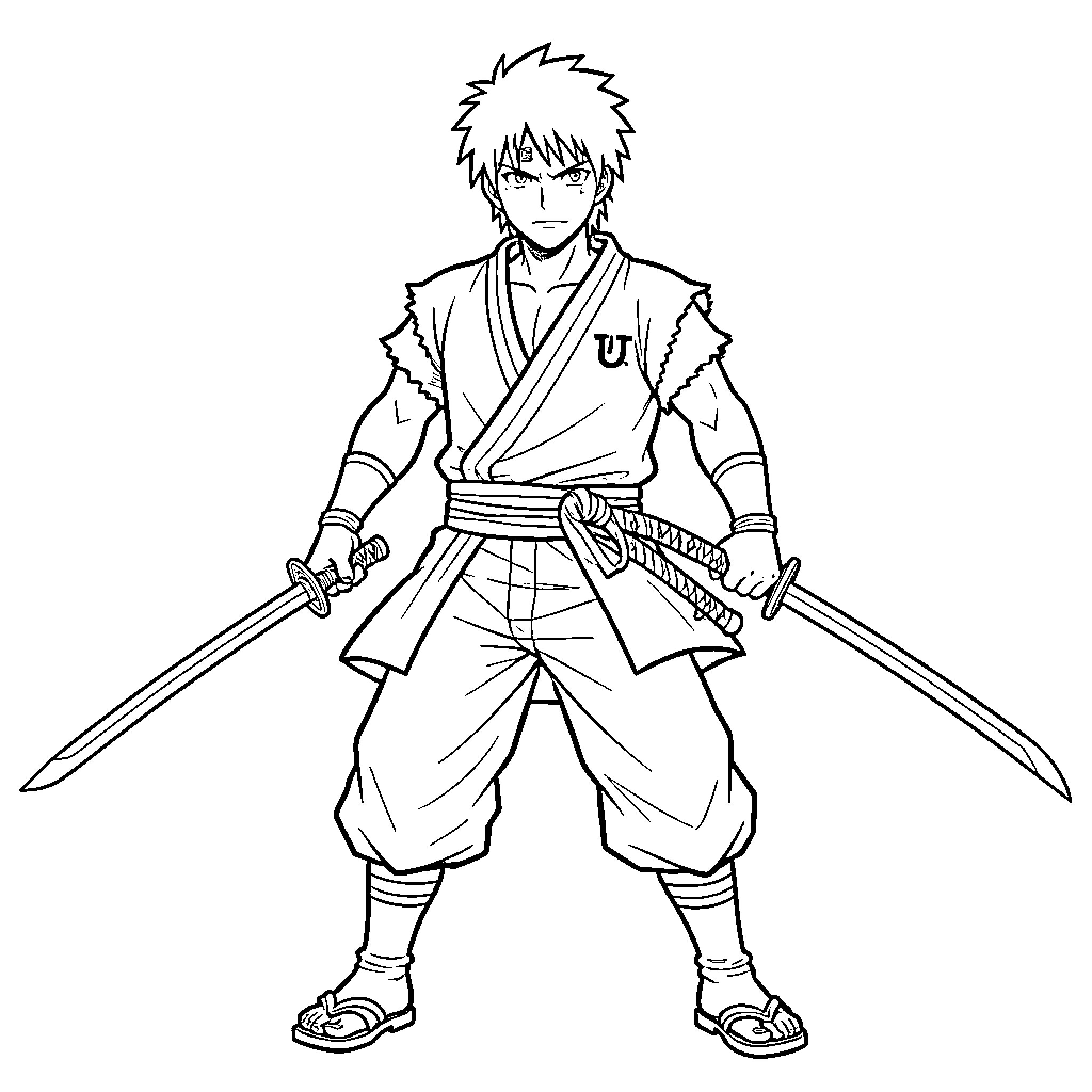 Roronoa Zoro in Samurai Attire with Swords Coloring Page (free black-and-white line drawing printable PDF for all, from beginners to advanced learners, including children, teens, adults, and seniors)