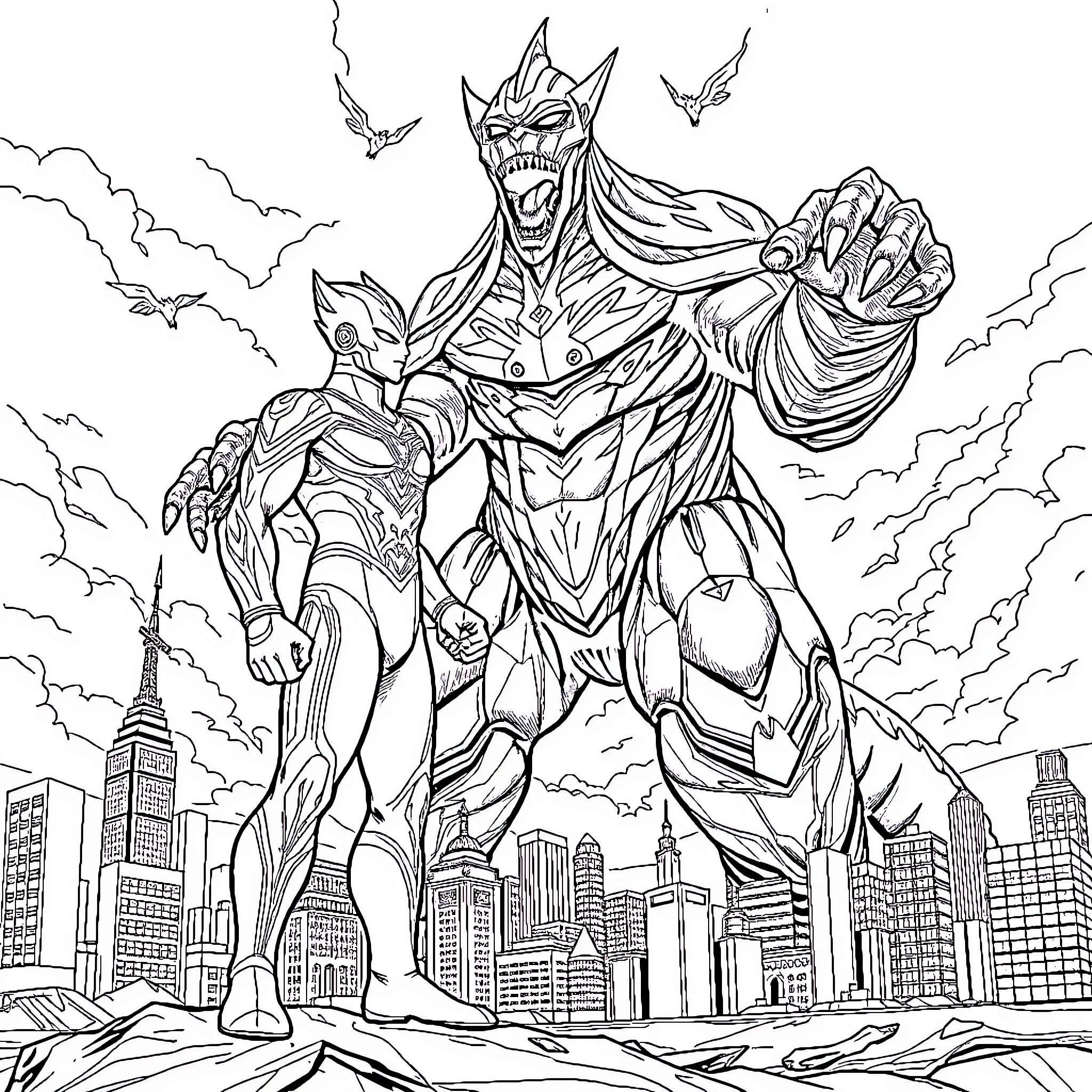 Ultraman battling fierce evil creature over cityscape Coloring Page (free black-and-white line drawing printable PDF for all, from beginners to advanced learners, including children, teens, adults, and seniors)
