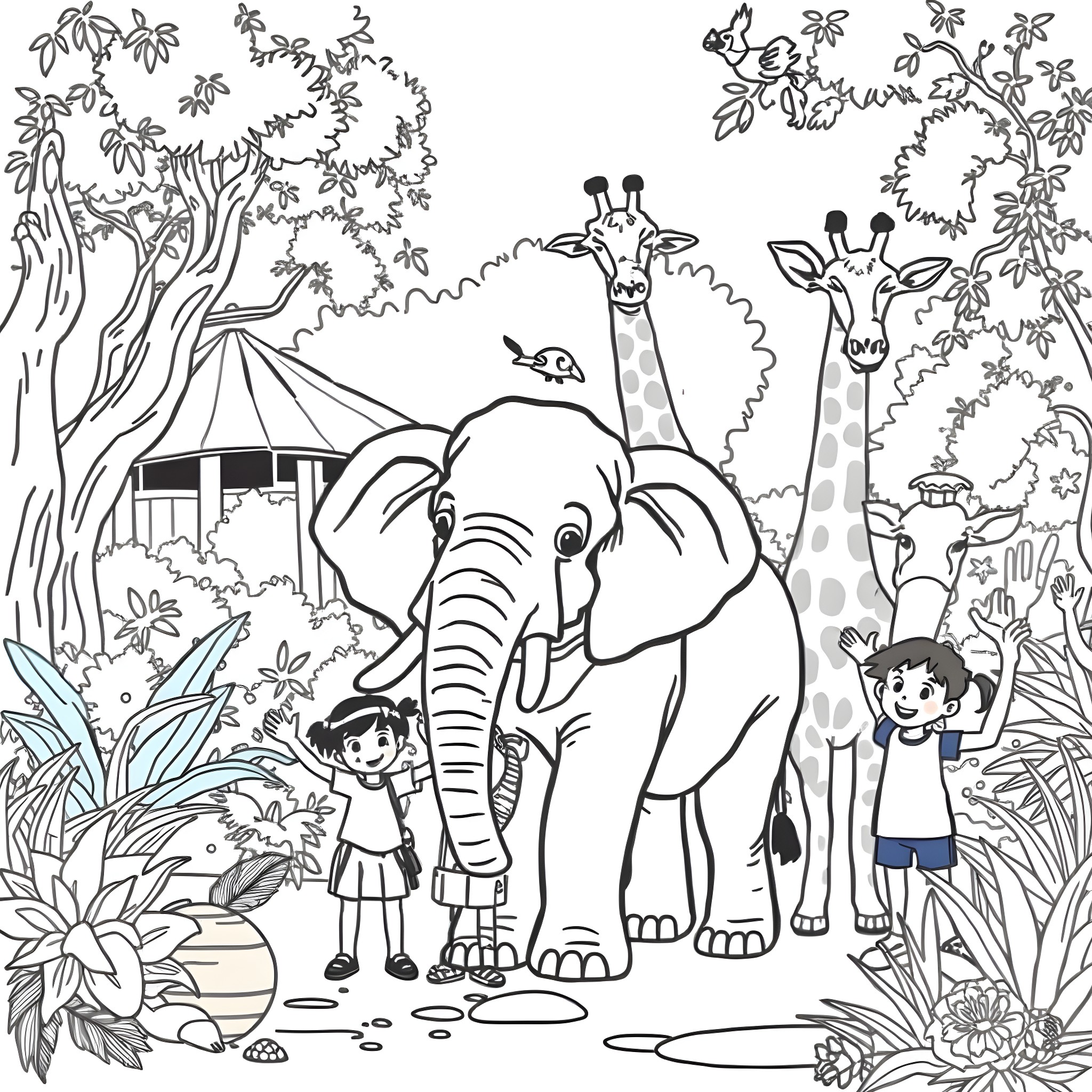Zoo animals and children exploring the lush jungle landscape Coloring Page (free black-and-white line drawing printable PDF for all, from beginners to advanced learners, including children, teens, adults, and seniors)