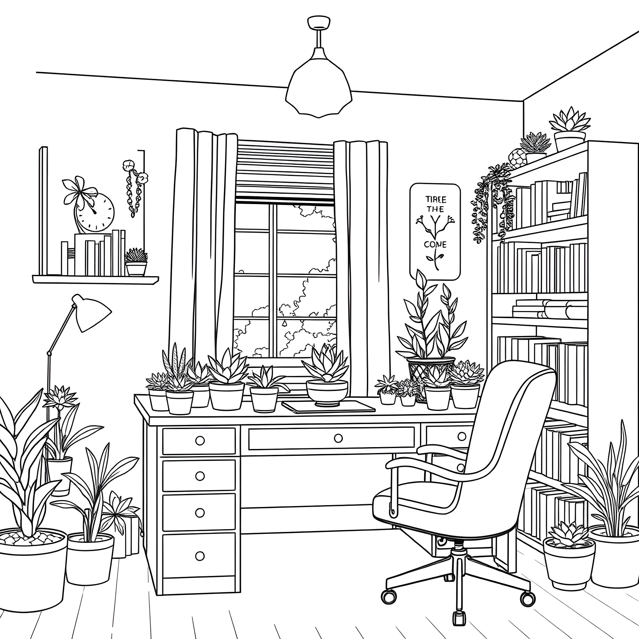 Home Office with Cozy Decor and Potted Plants Coloring Page (free black-and-white line drawing printable PDF for all, from beginners to advanced learners, including children, teens, adults, and seniors)