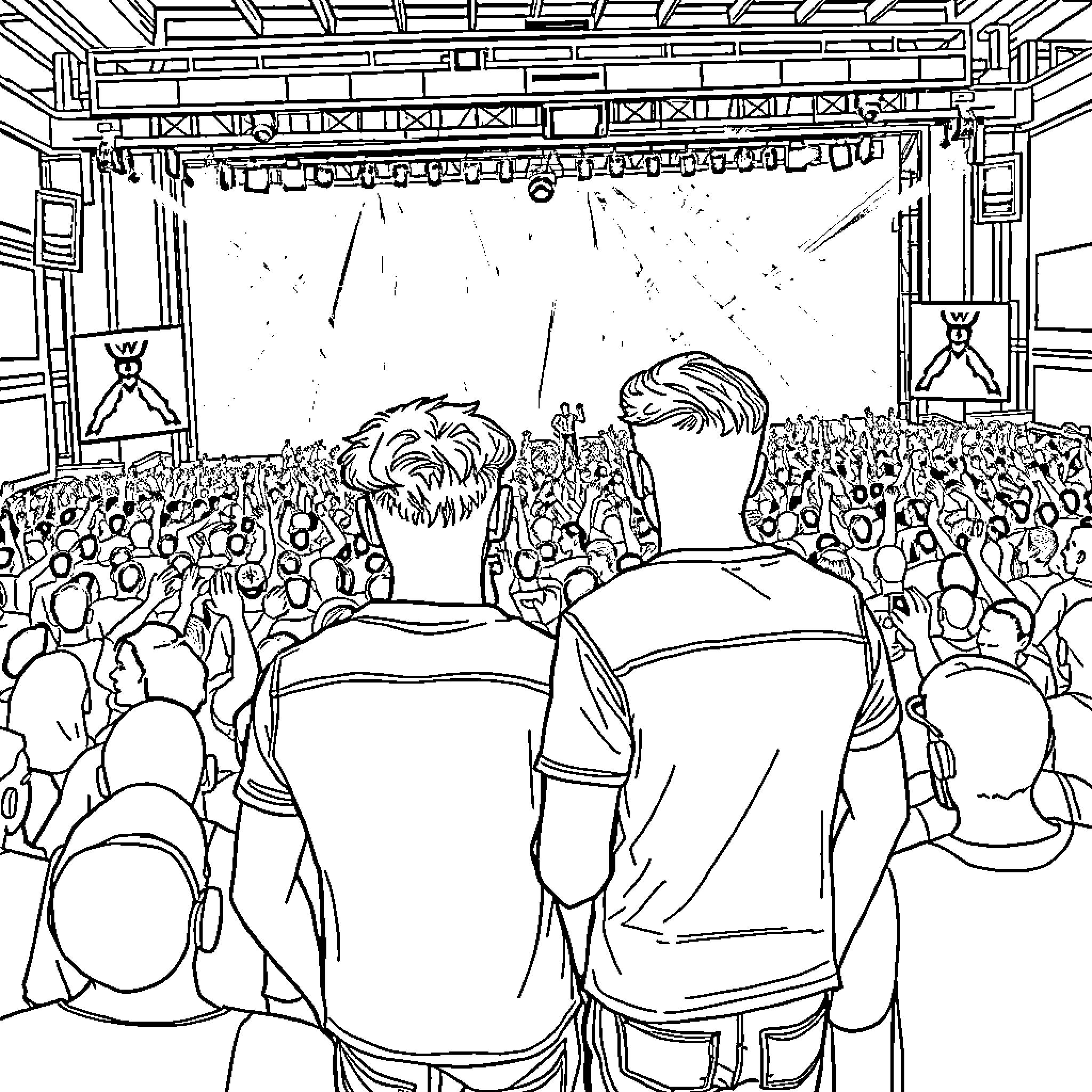 Jonas Brothers Performing on Stage with Energetic Crowd Coloring Page (free black-and-white line drawing printable PDF for all, from beginners to advanced learners, including children, teens, adults, and seniors)