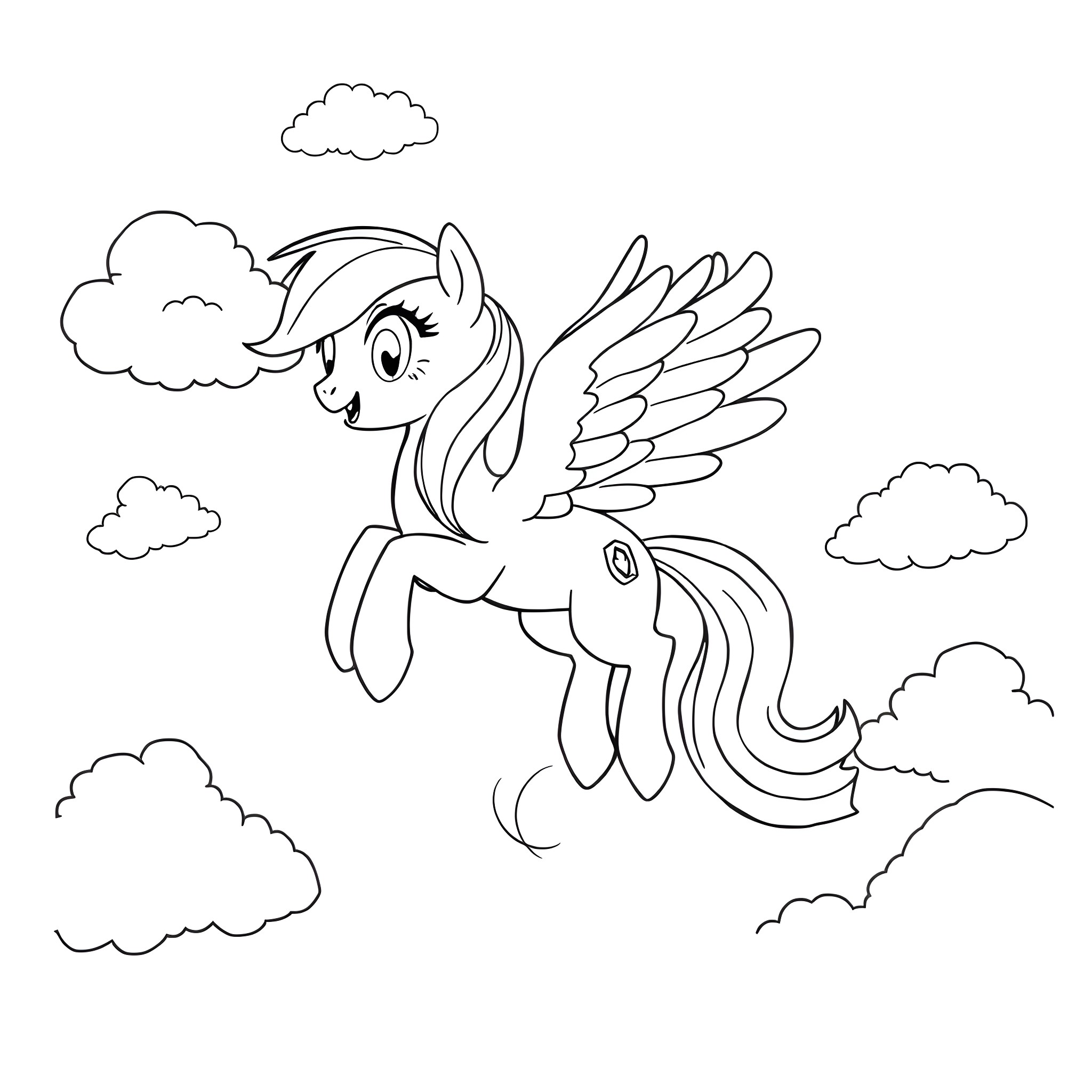 Pony flying among clouds in the sky Coloring Page (free black-and-white line drawing printable PDF for all, from beginners to advanced learners, including children, teens, adults, and seniors)