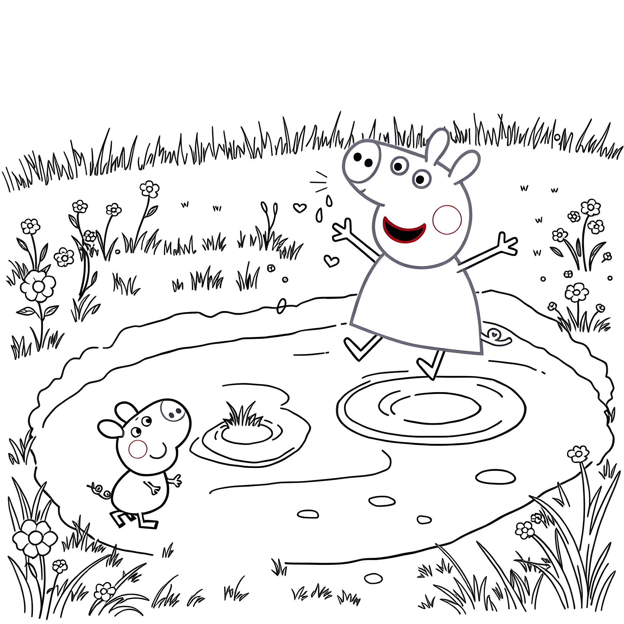 Peppa Pig having fun in the meadow Coloring Page (free black-and-white line drawing printable PDF for all, from beginners to advanced learners, including children, teens, adults, and seniors)