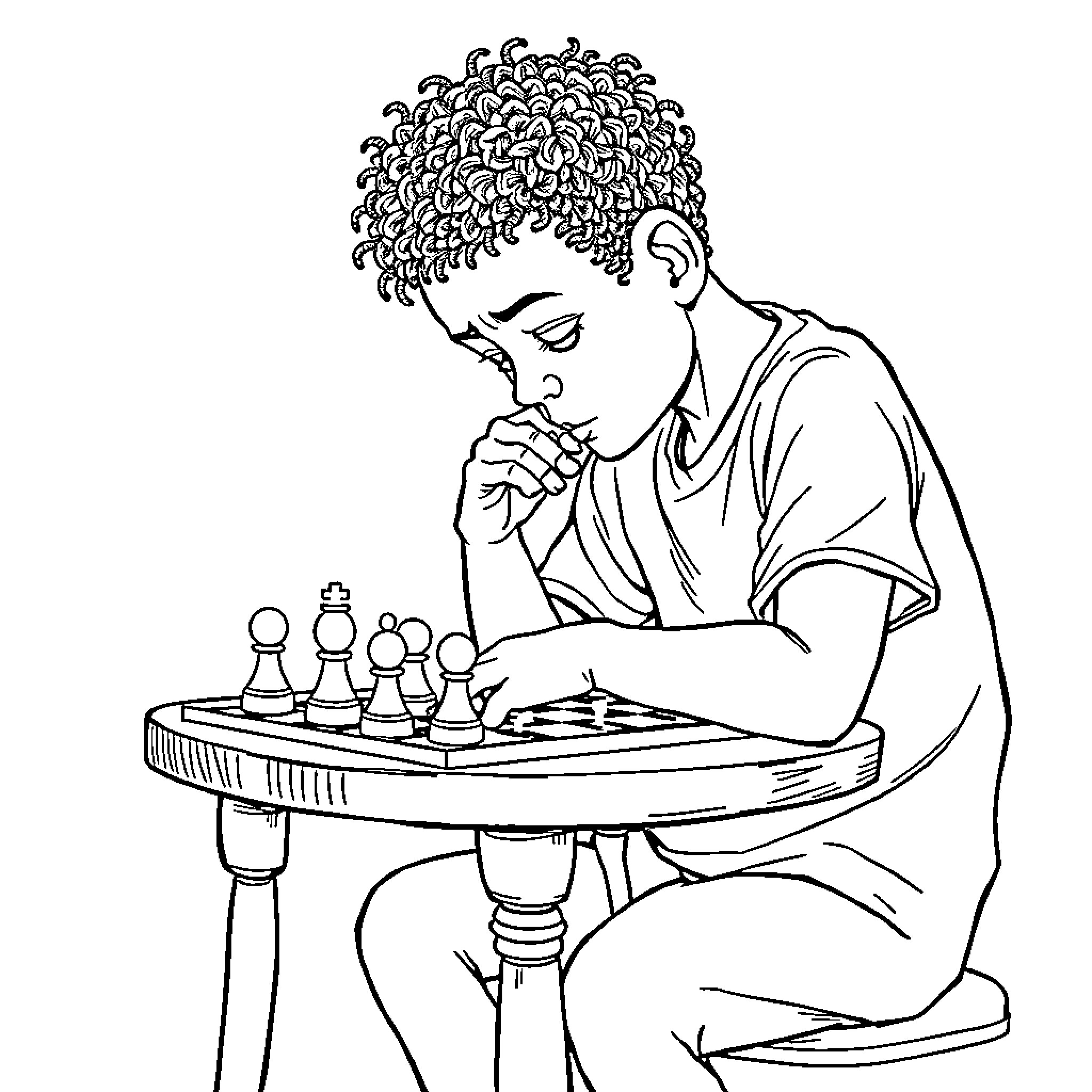 Labubu engrossed in a chess match Coloring Page (free black-and-white line drawing printable PDF for all, from beginners to advanced learners, including children, teens, adults, and seniors)