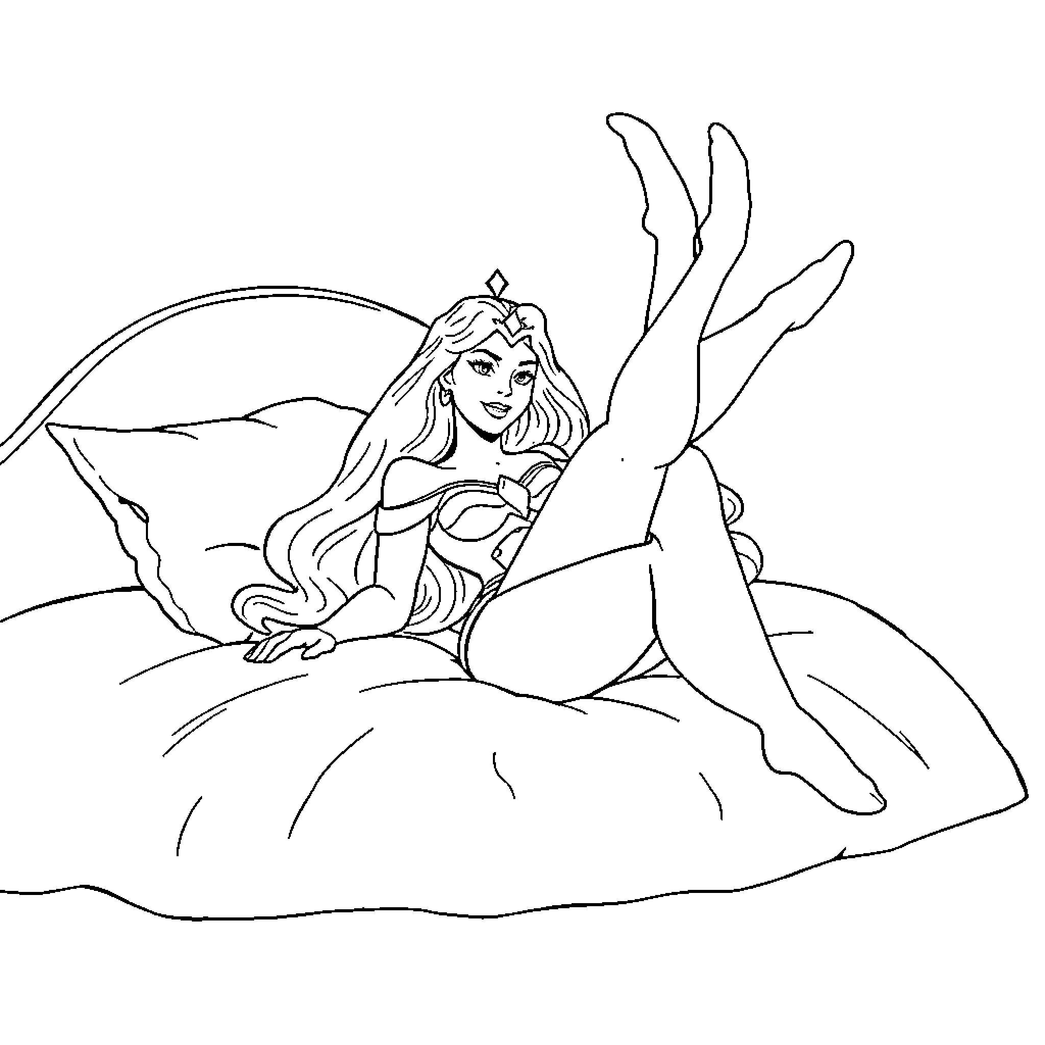 She-Ra relaxing on a bed in a peaceful scene Coloring Page (free black-and-white line drawing printable PDF for all, from beginners to advanced learners, including children, teens, adults, and seniors)