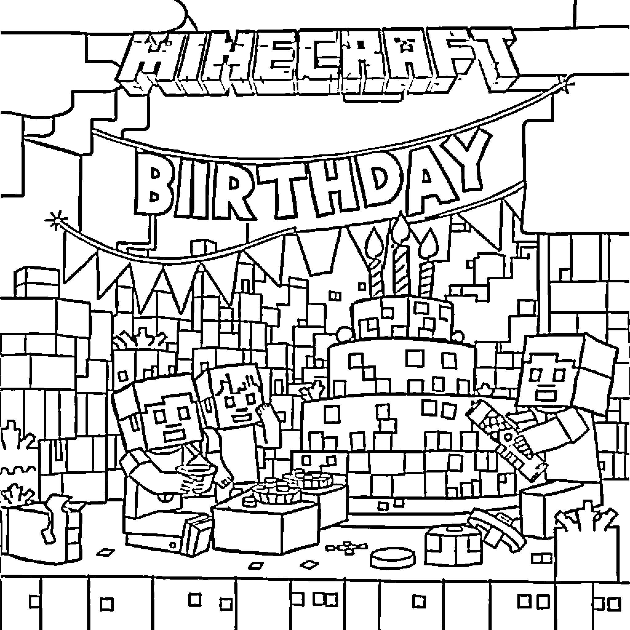 Minecraft Birthday Party with Pixelated Characters Coloring Page (free black-and-white line drawing printable PDF for all, from beginners to advanced learners, including children, teens, adults, and seniors)