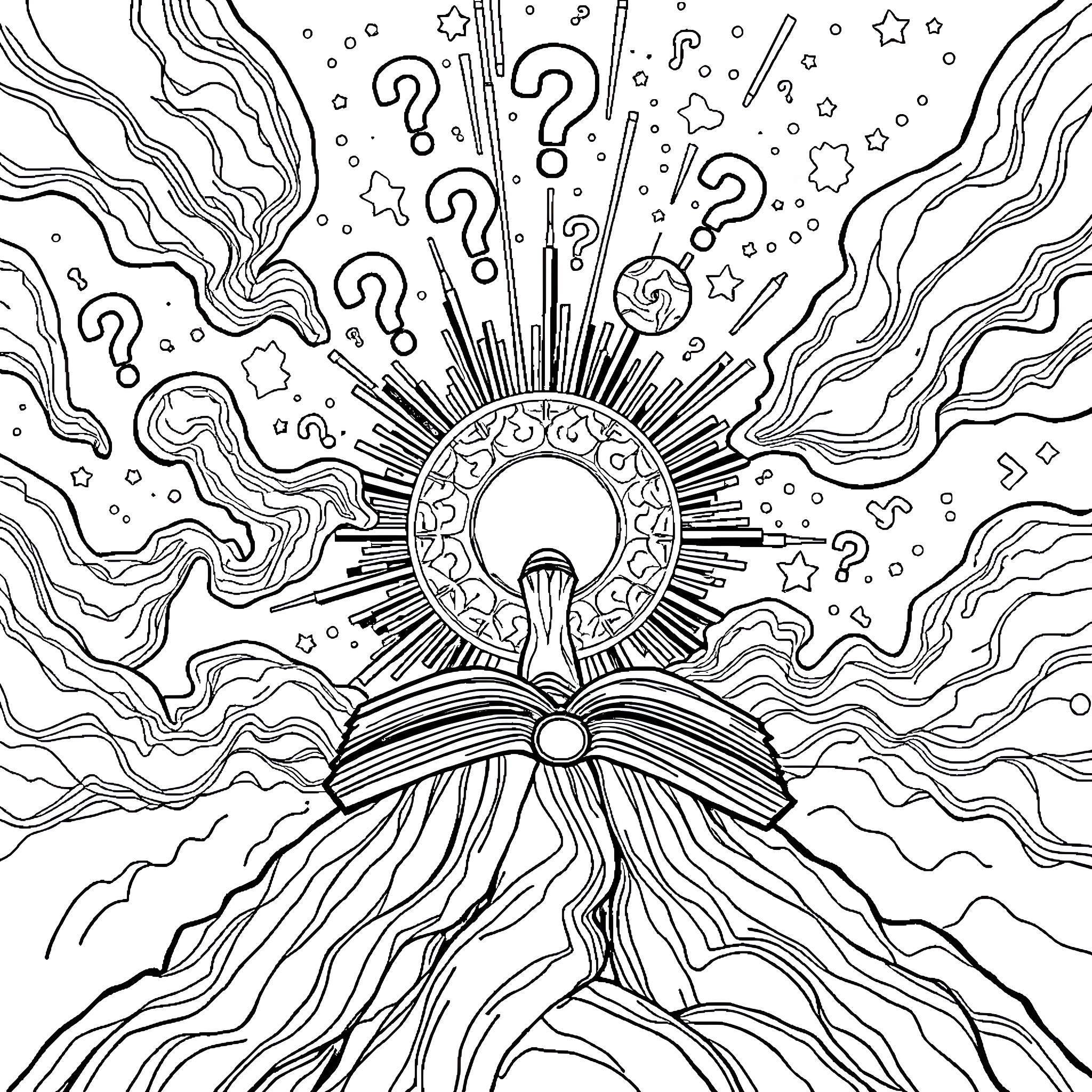 Philosophy of Contemplation and Mystery Coloring Page (free black-and-white line drawing printable PDF for all, from beginners to advanced learners, including children, teens, adults, and seniors)