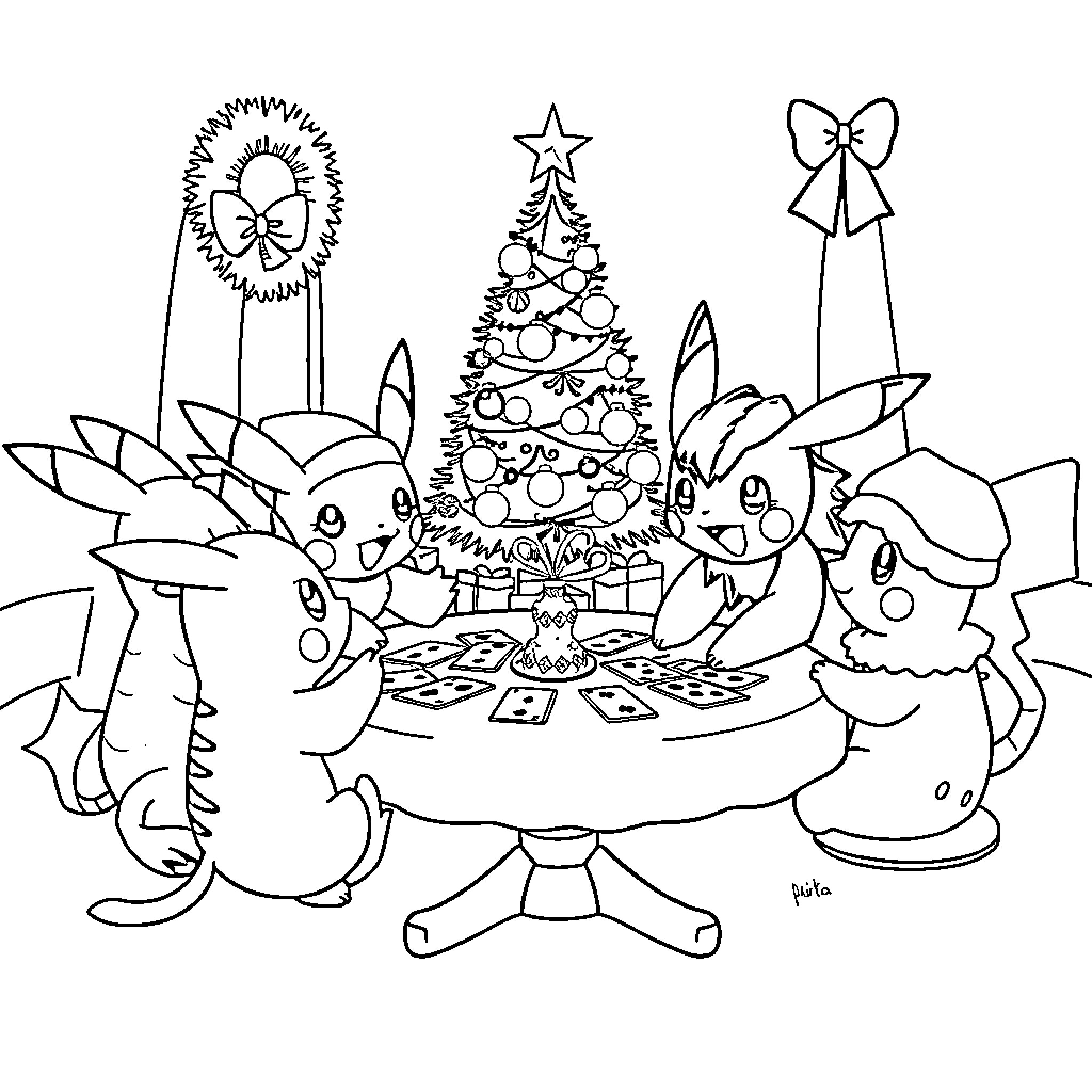 Pokémon Celebrating Christmas with Decorated Tree Coloring Page (free black-and-white line drawing printable PDF for all, from beginners to advanced learners, including children, teens, adults, and seniors)