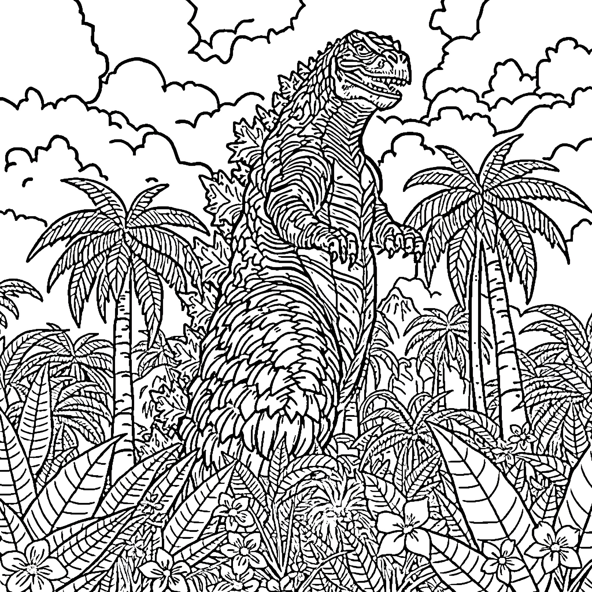Godzilla stomping through the jungle Coloring Page (free black-and-white line drawing printable PDF for all, from beginners to advanced learners, including children, teens, adults, and seniors)