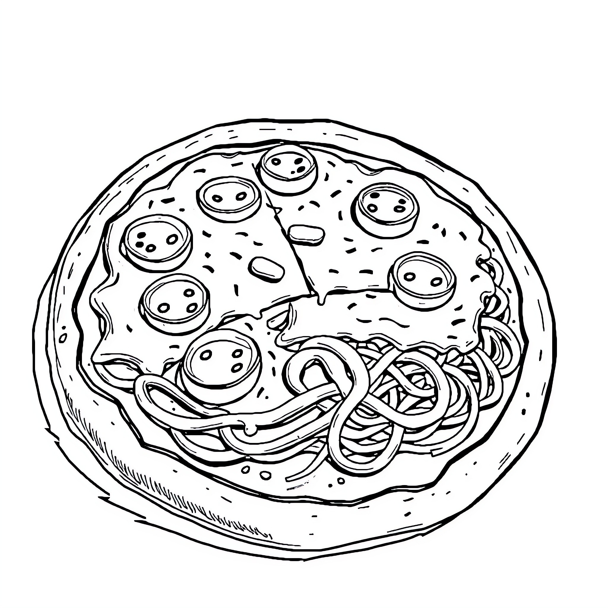 Pizza with Playful Toppings Coloring Page (free black-and-white line drawing printable PDF for all, from beginners to advanced learners, including children, teens, adults, and seniors)