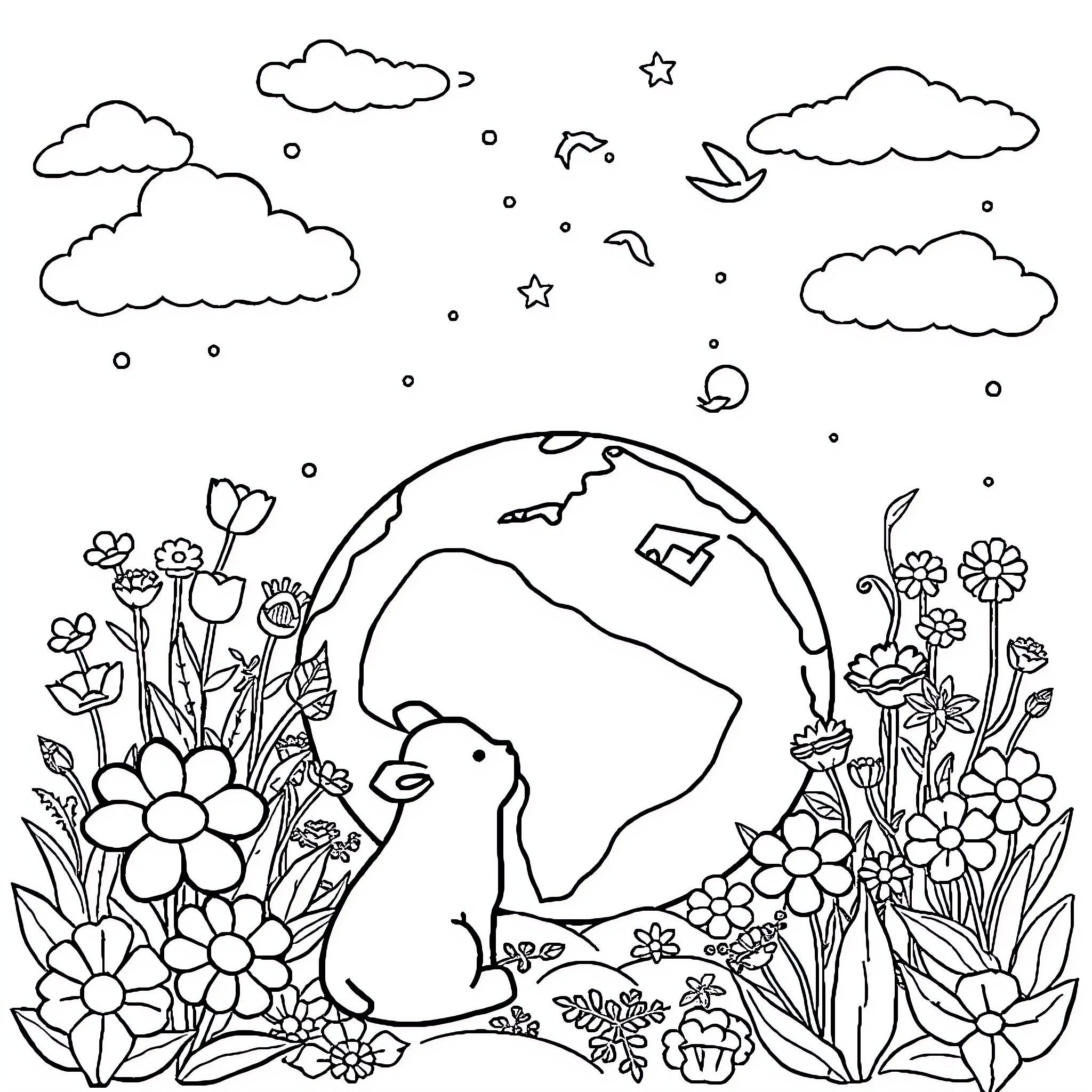Earth surrounded by diverse flora and fauna Coloring Page (free black-and-white line drawing printable PDF for all, from beginners to advanced learners, including children, teens, adults, and seniors)