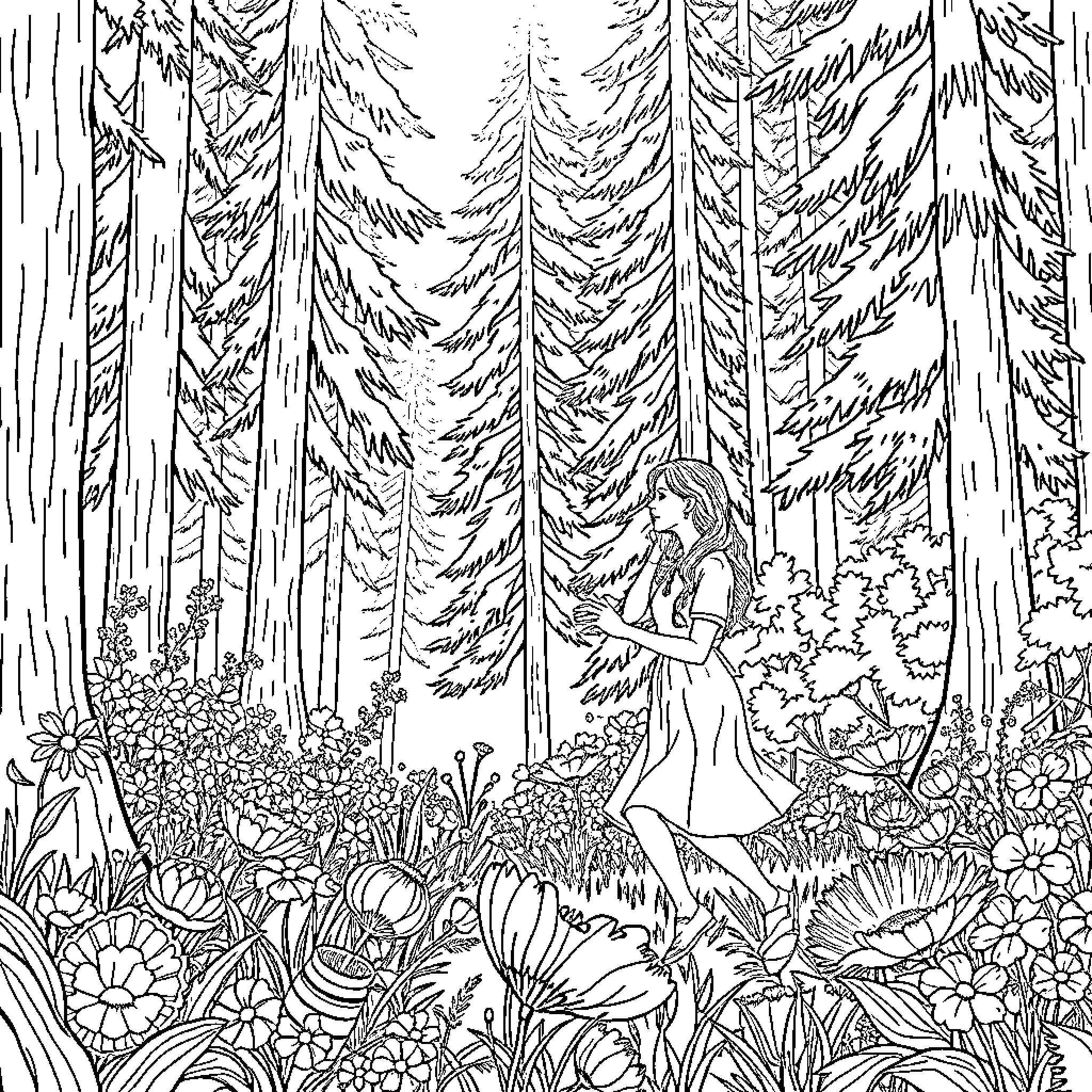 Woman walking through a lush forest Coloring Page (free black-and-white line drawing printable PDF for all, from beginners to advanced learners, including children, teens, adults, and seniors)