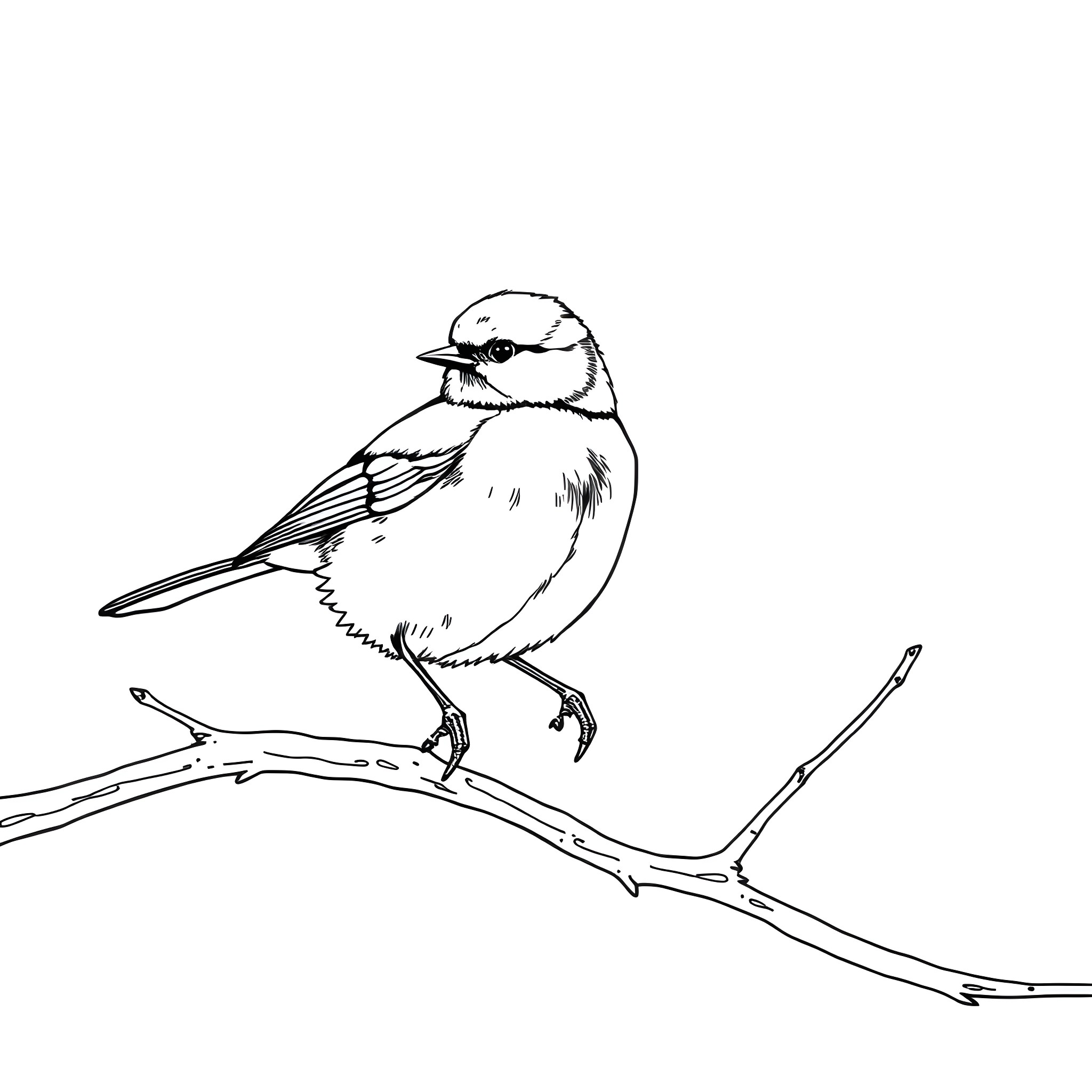 Great Tit perched on a branch Coloring Page (free black-and-white line drawing printable PDF for all, from beginners to advanced learners, including children, teens, adults, and seniors)