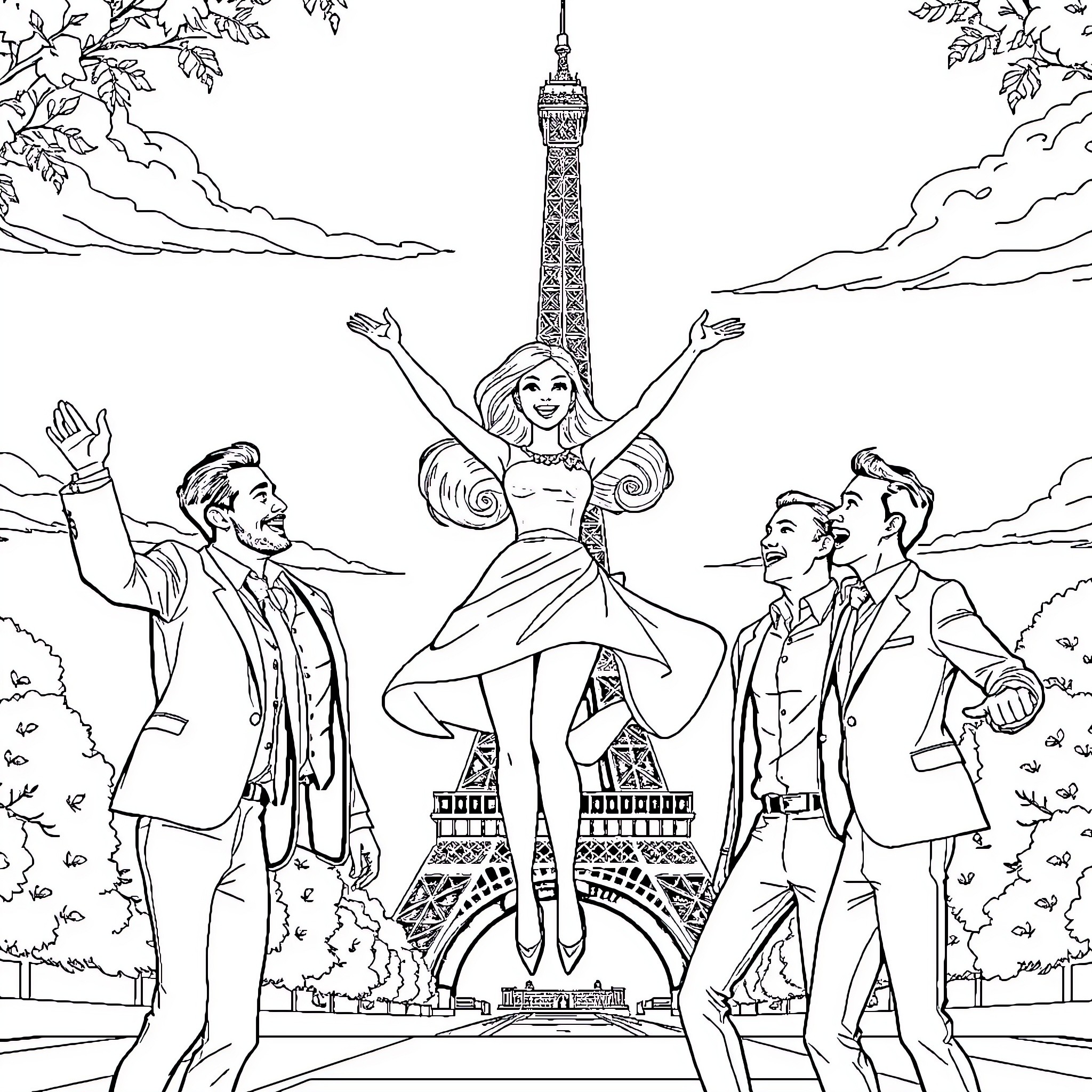 Barbie and friends celebrate in Paris Coloring Page (free black-and-white line drawing printable PDF for all, from beginners to advanced learners, including children, teens, adults, and seniors)