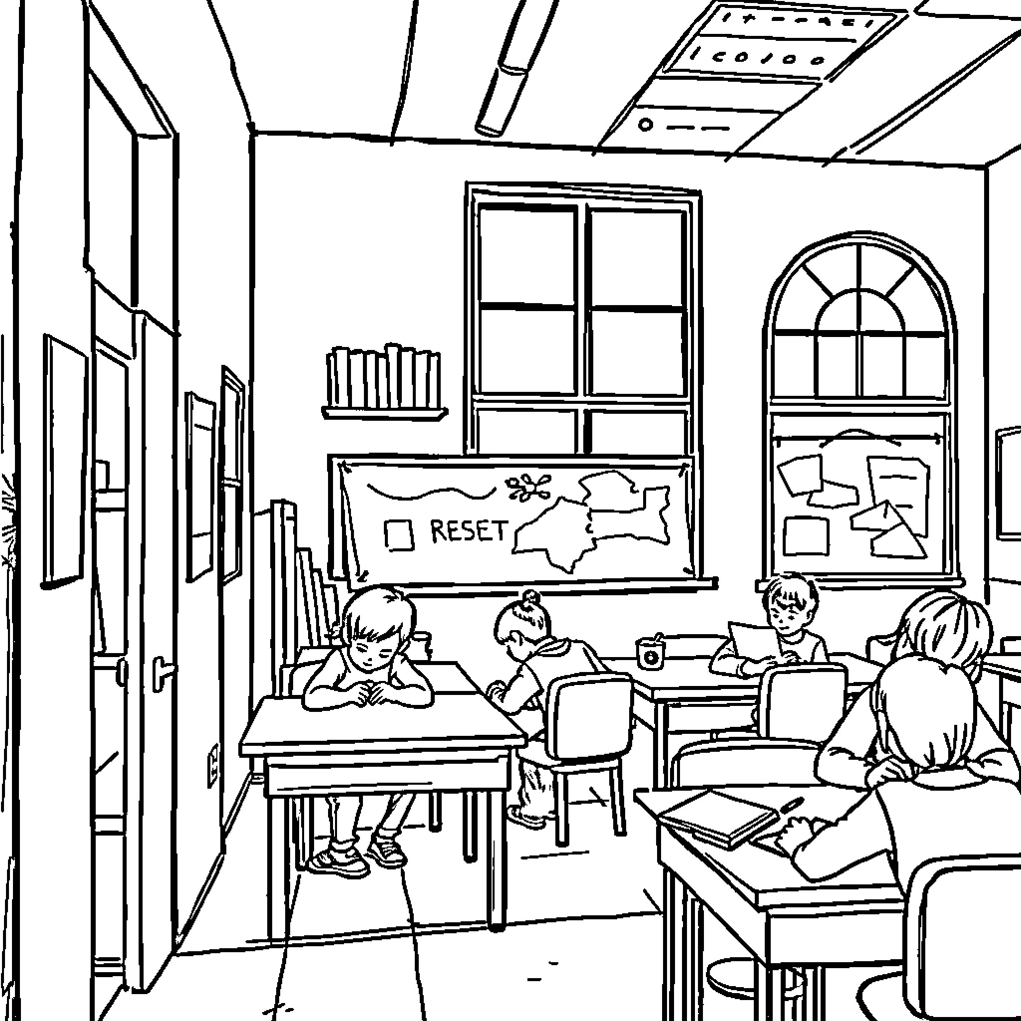 School Students Studying Diligently in Classroom Coloring Page (free black-and-white line drawing printable PDF for all, from beginners to advanced learners, including children, teens, adults, and seniors)