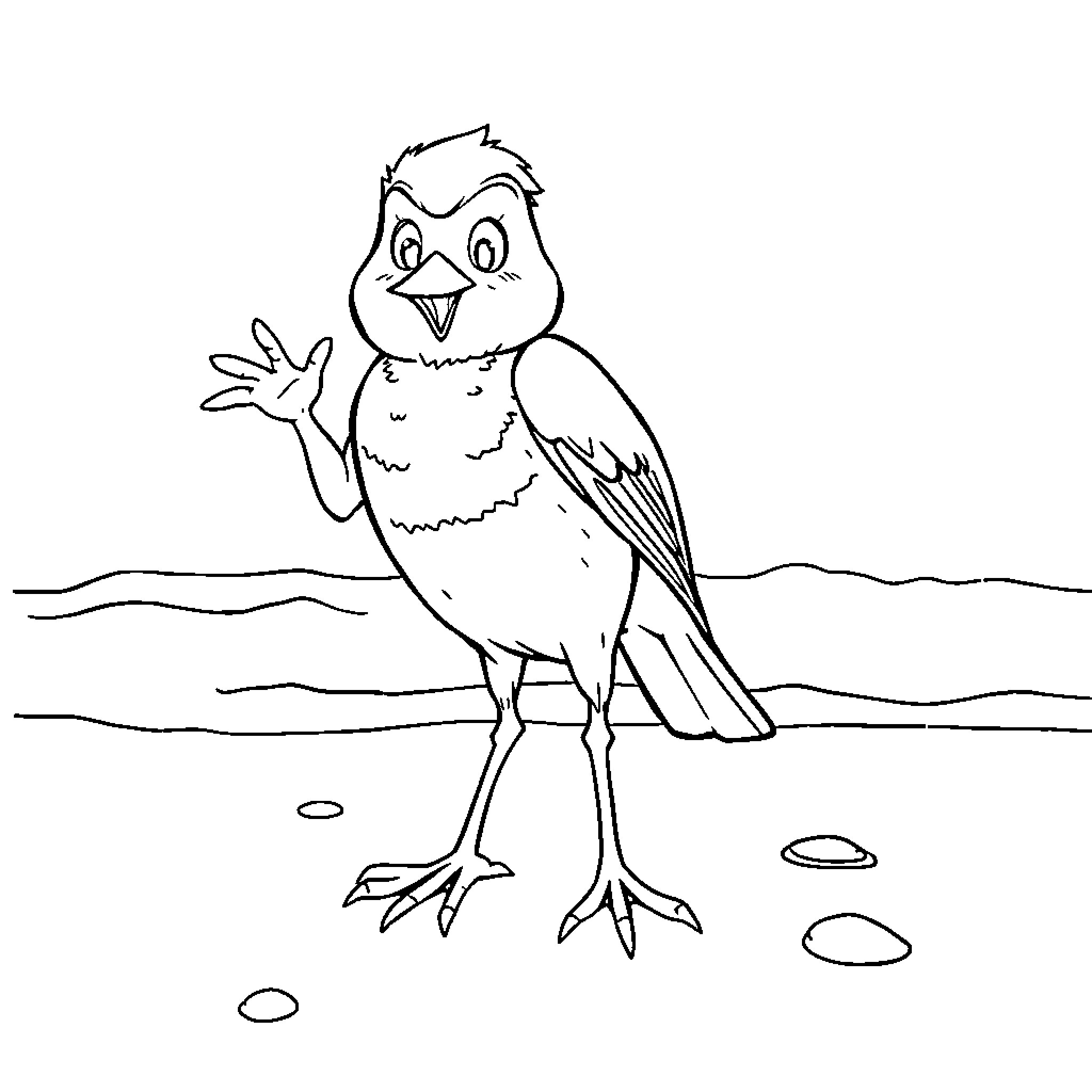 Robin happily waving in the meadow Coloring Page (free black-and-white line drawing printable PDF for all, from beginners to advanced learners, including children, teens, adults, and seniors)