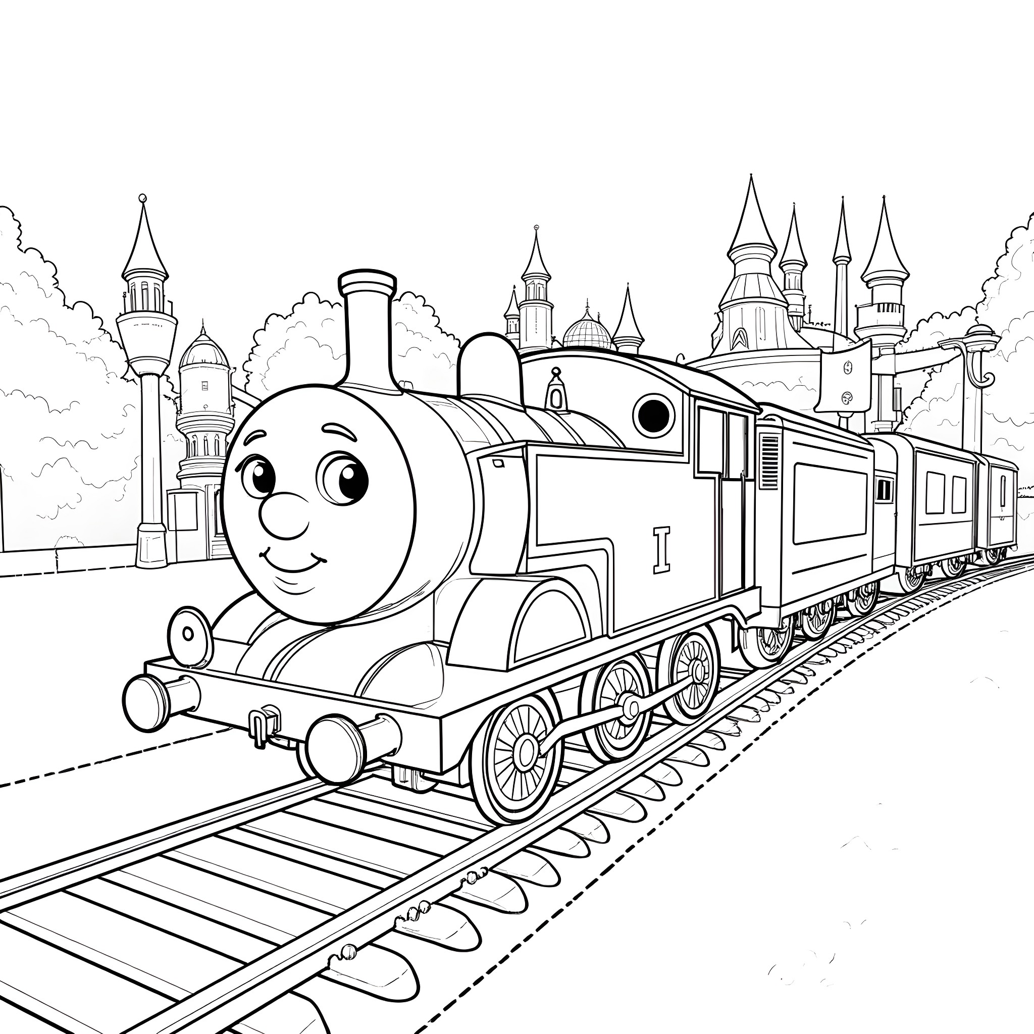 Thomas and the Magic Castle Train Coloring Page (free black-and-white line drawing printable PDF for all, from beginners to advanced learners, including children, teens, adults, and seniors)