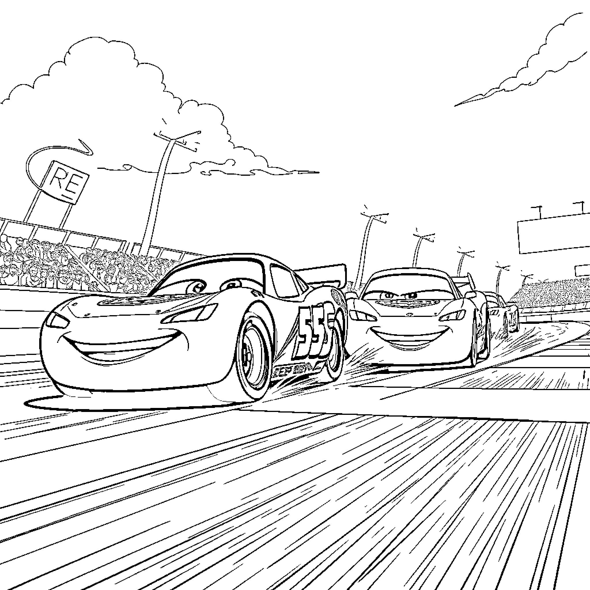 Lightning McQueen racing through the track with teammates Coloring Page (free black-and-white line drawing printable PDF for all, from beginners to advanced learners, including children, teens, adults, and seniors)