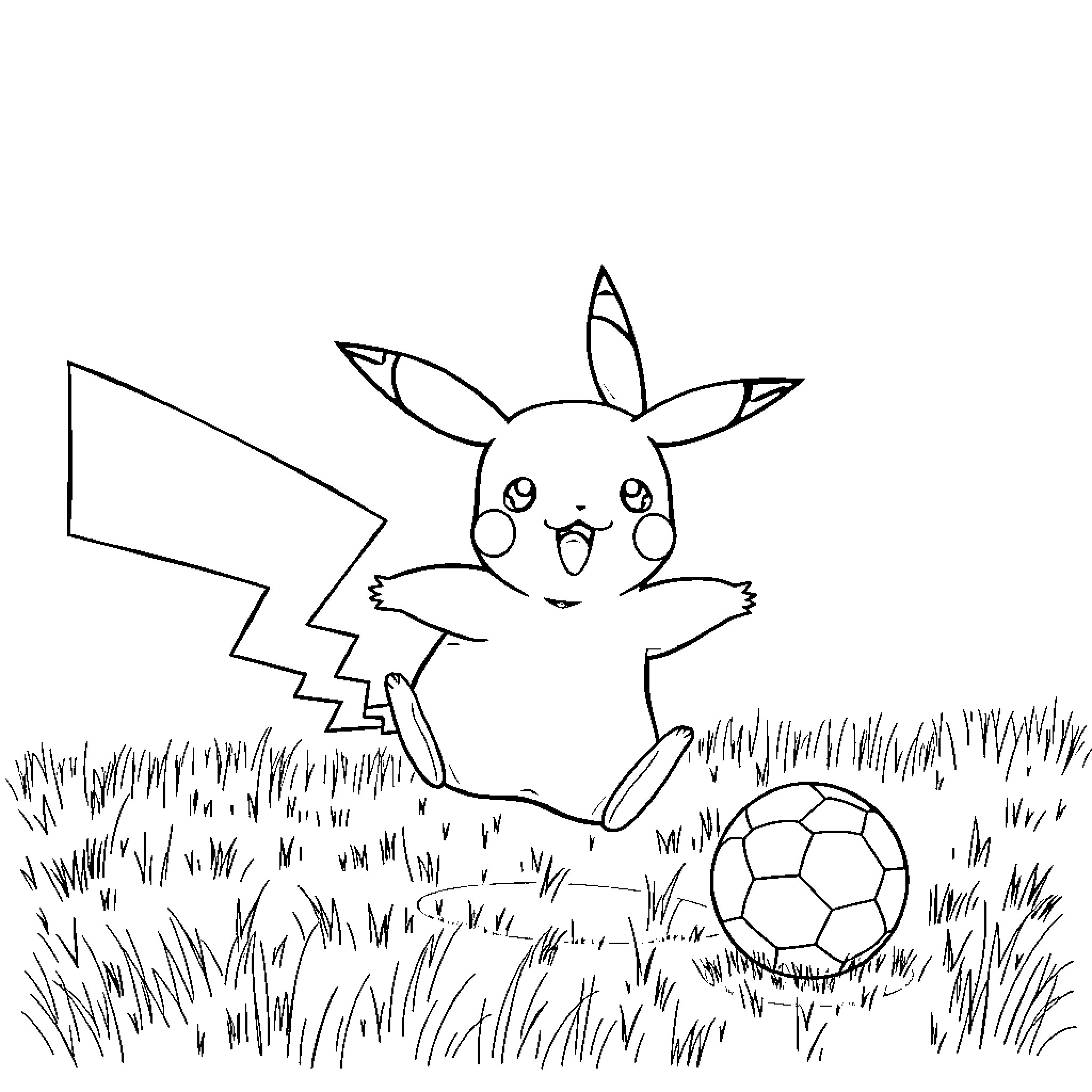 Pikachu playing with a soccer ball in the field Coloring Page (free black-and-white line drawing printable PDF for all, from beginners to advanced learners, including children, teens, adults, and seniors)