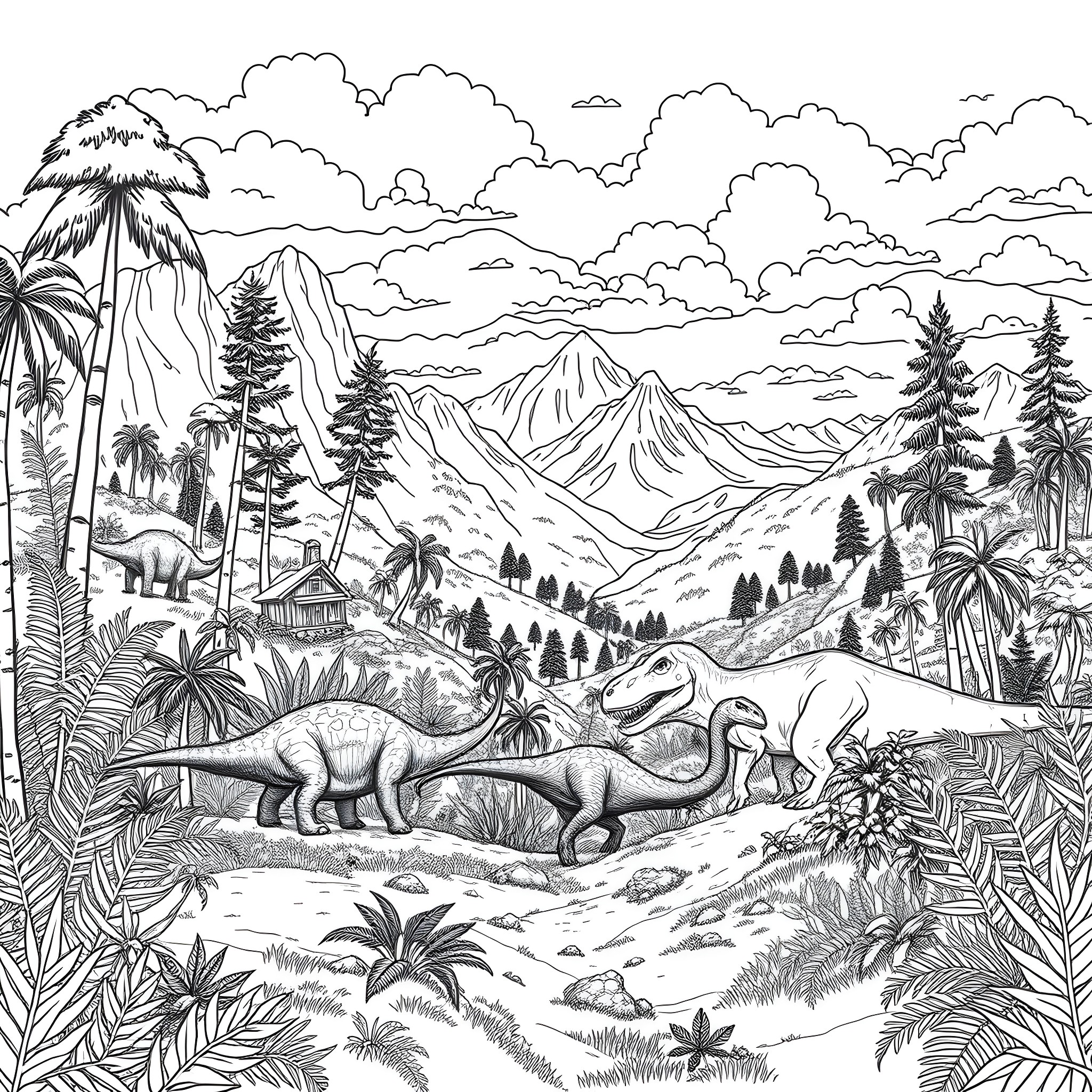 Dinosaur Prehistoric Landscape with Mountains and Vegetation Coloring Page (free black-and-white line drawing printable PDF for all, from beginners to advanced learners, including children, teens, adults, and seniors)