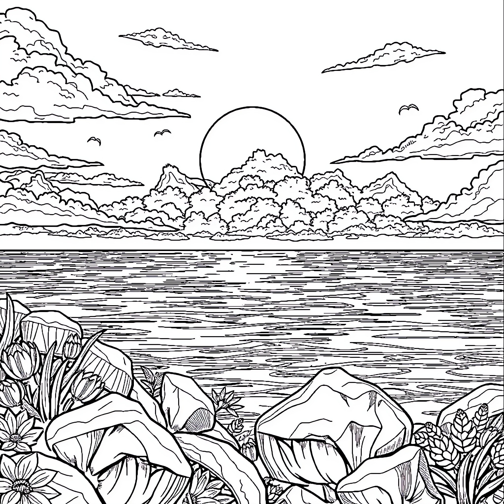 Sea of tranquility beneath the cloudy sky Coloring Page (free black-and-white line drawing printable PDF for all, from beginners to advanced learners, including children, teens, adults, and seniors)