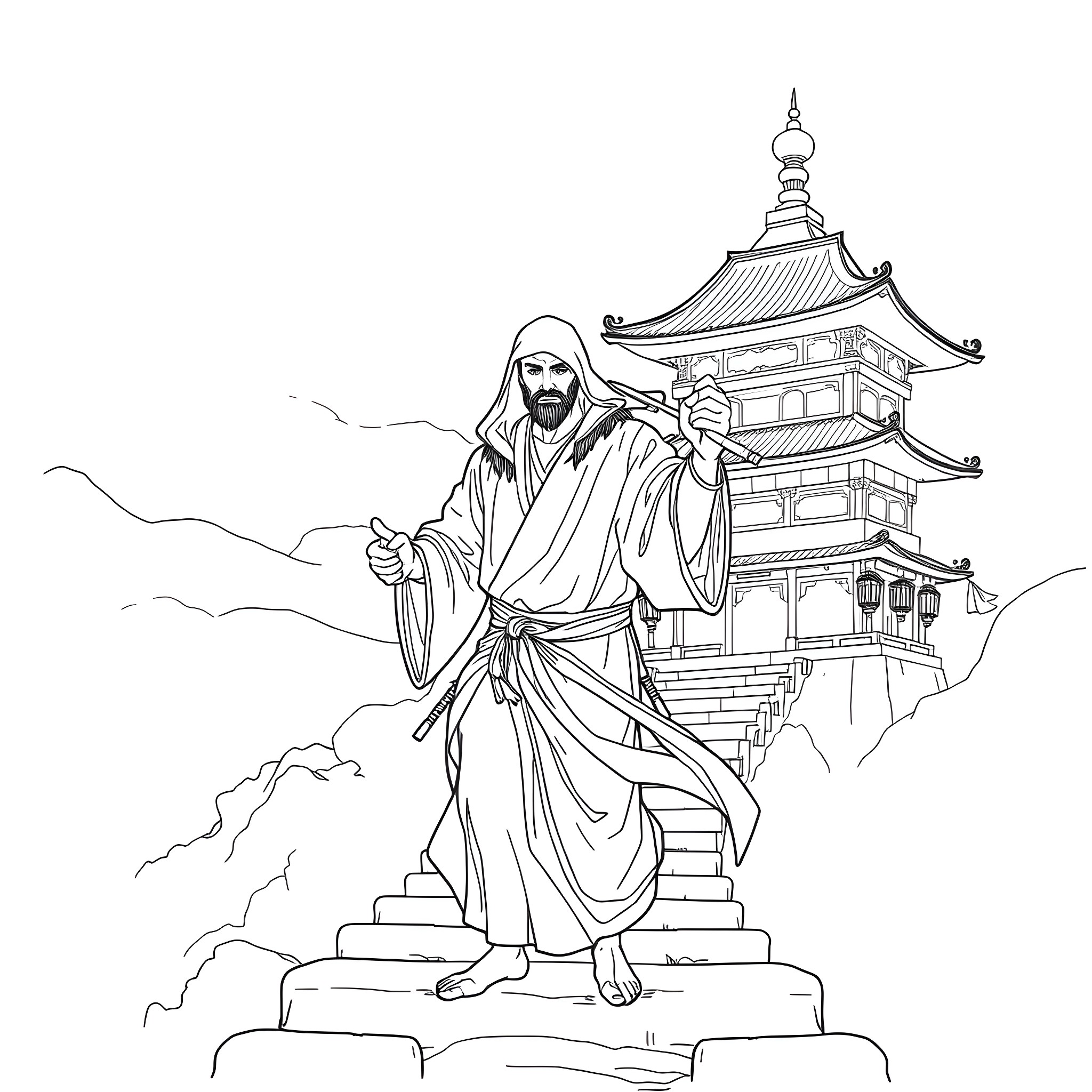 Ninja warrior in traditional Japanese temple landscape Coloring Page (free black-and-white line drawing printable PDF for all, from beginners to advanced learners, including children, teens, adults, and seniors)